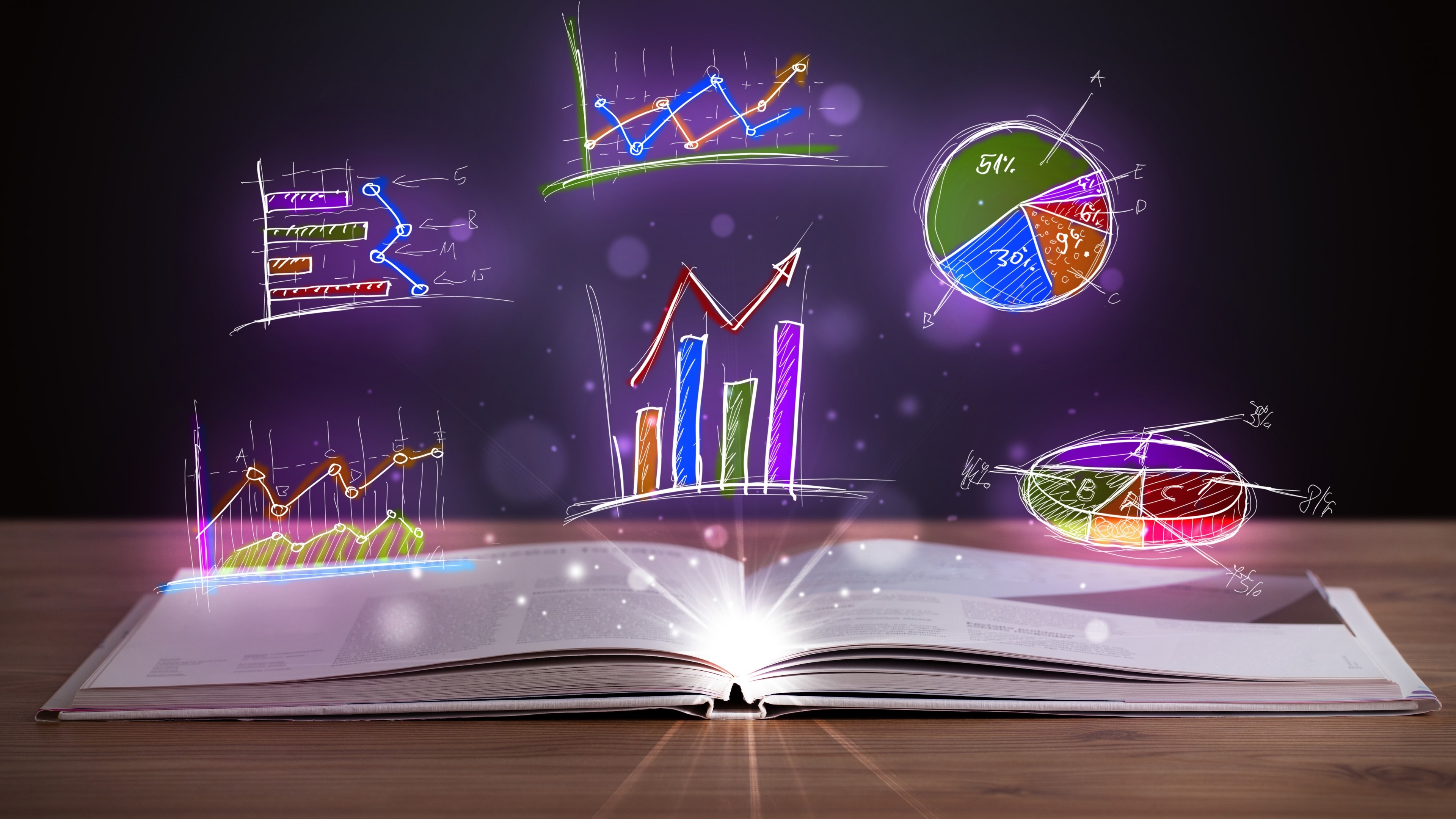 Book with glowing charts and graphs HD Wallpaper