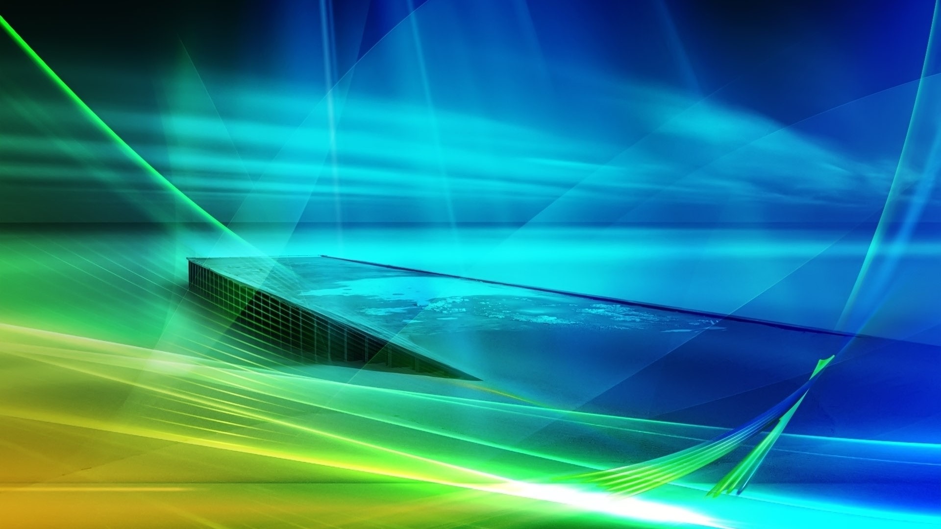 Abstract blue and green light streaks over a pier HD Wallpaper
