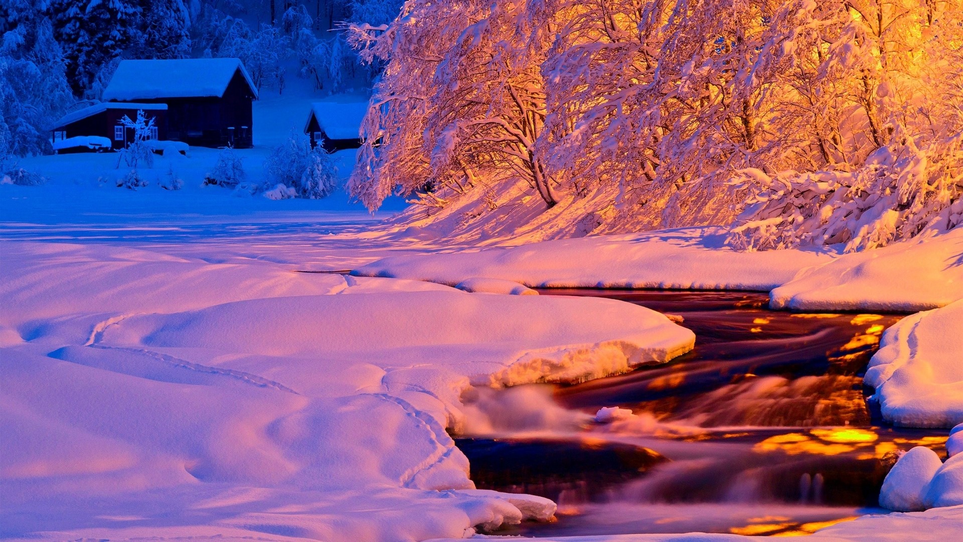 Winter evening landscape with snow-covered trees and a stream HD Wallpaper