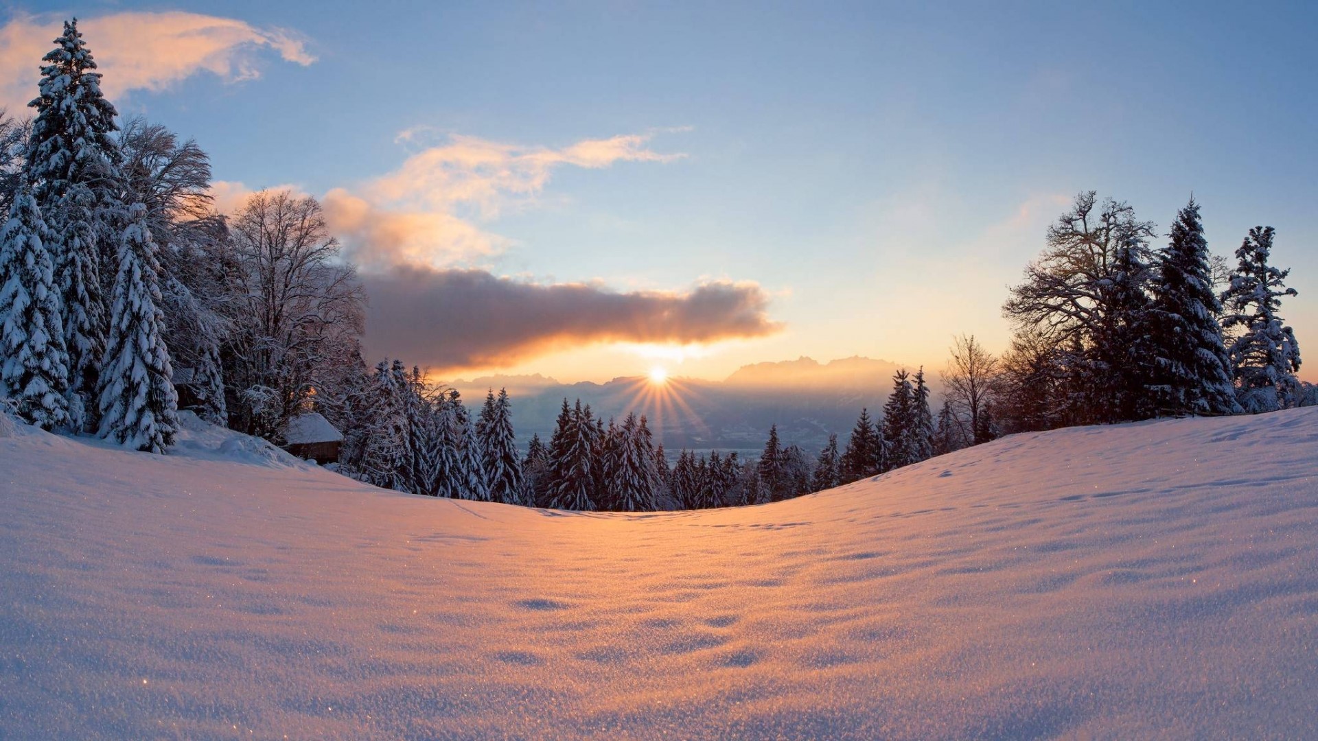 Winter Sunset Over Snowy Mountains and Forest HD Wallpaper