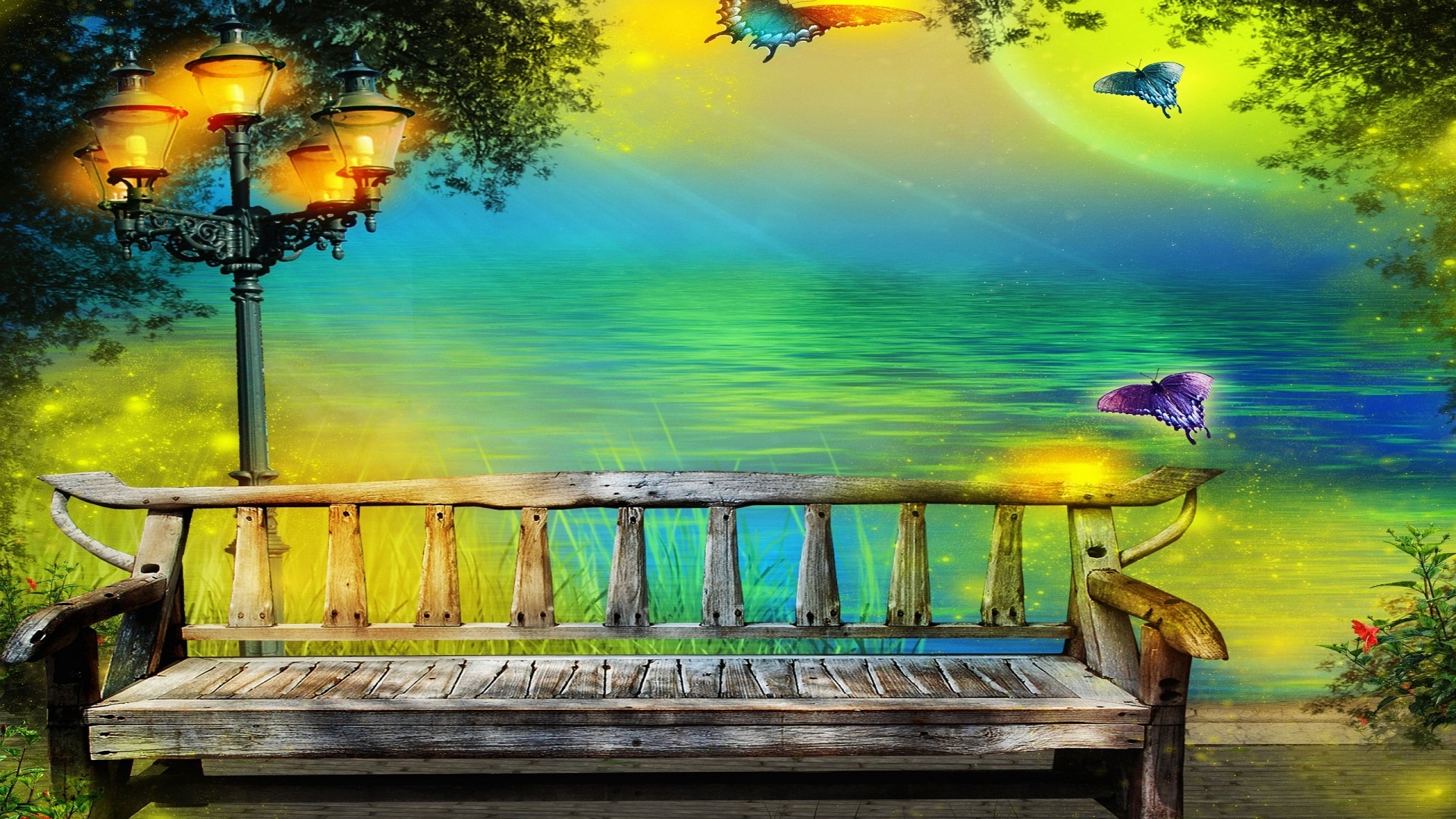 Fairy world with bench and lamp HD Wallpaper