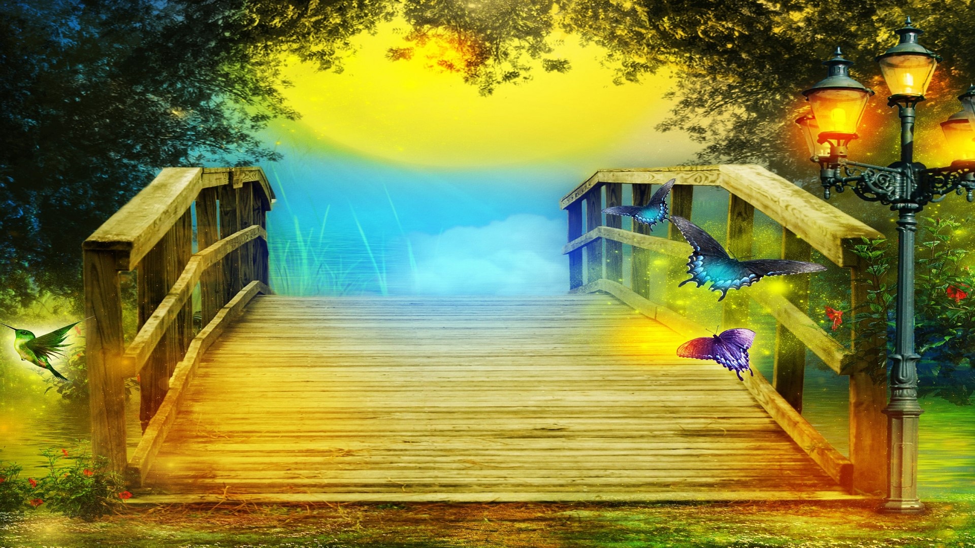 Fairy bridge with butterflies and hummingbird HD Wallpaper