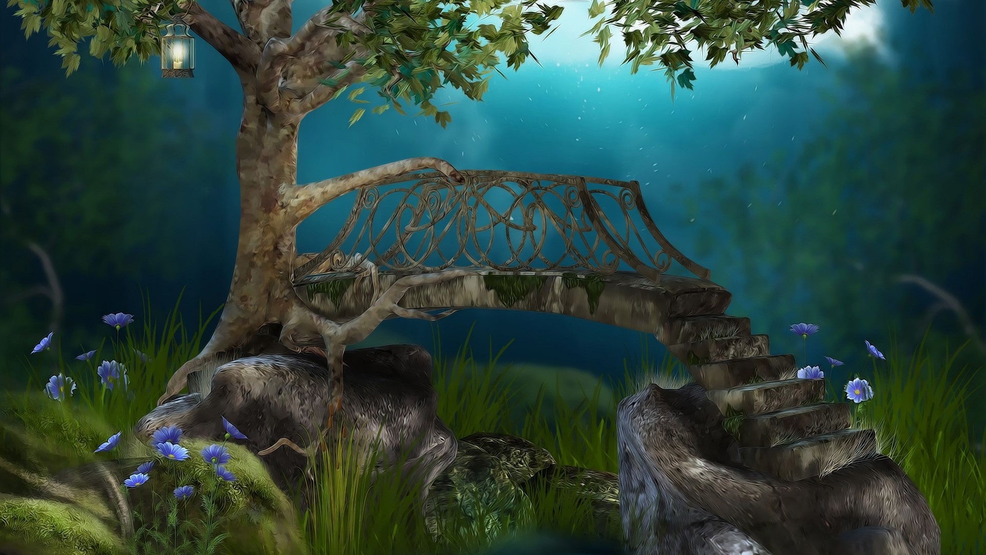Fairy bridge in a magical forest at night HD Wallpaper