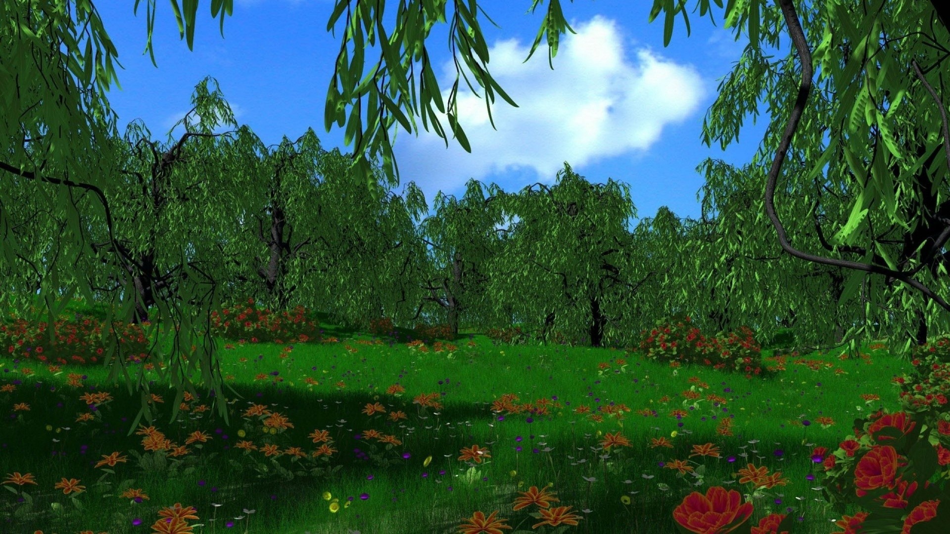 Nature scene with trees and flowers HD Wallpaper