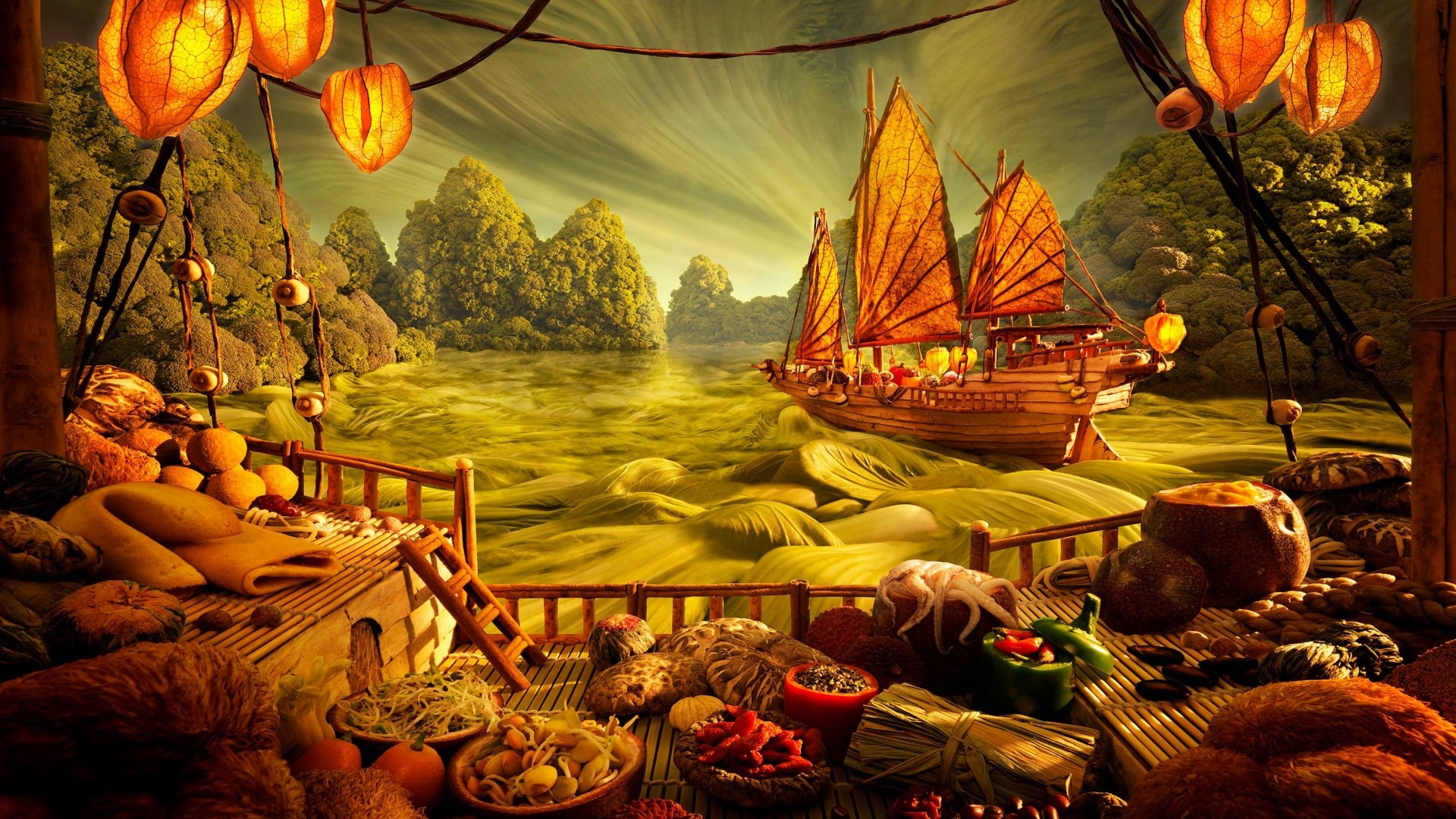 Food display on a boat with a scenic background HD Wallpaper
