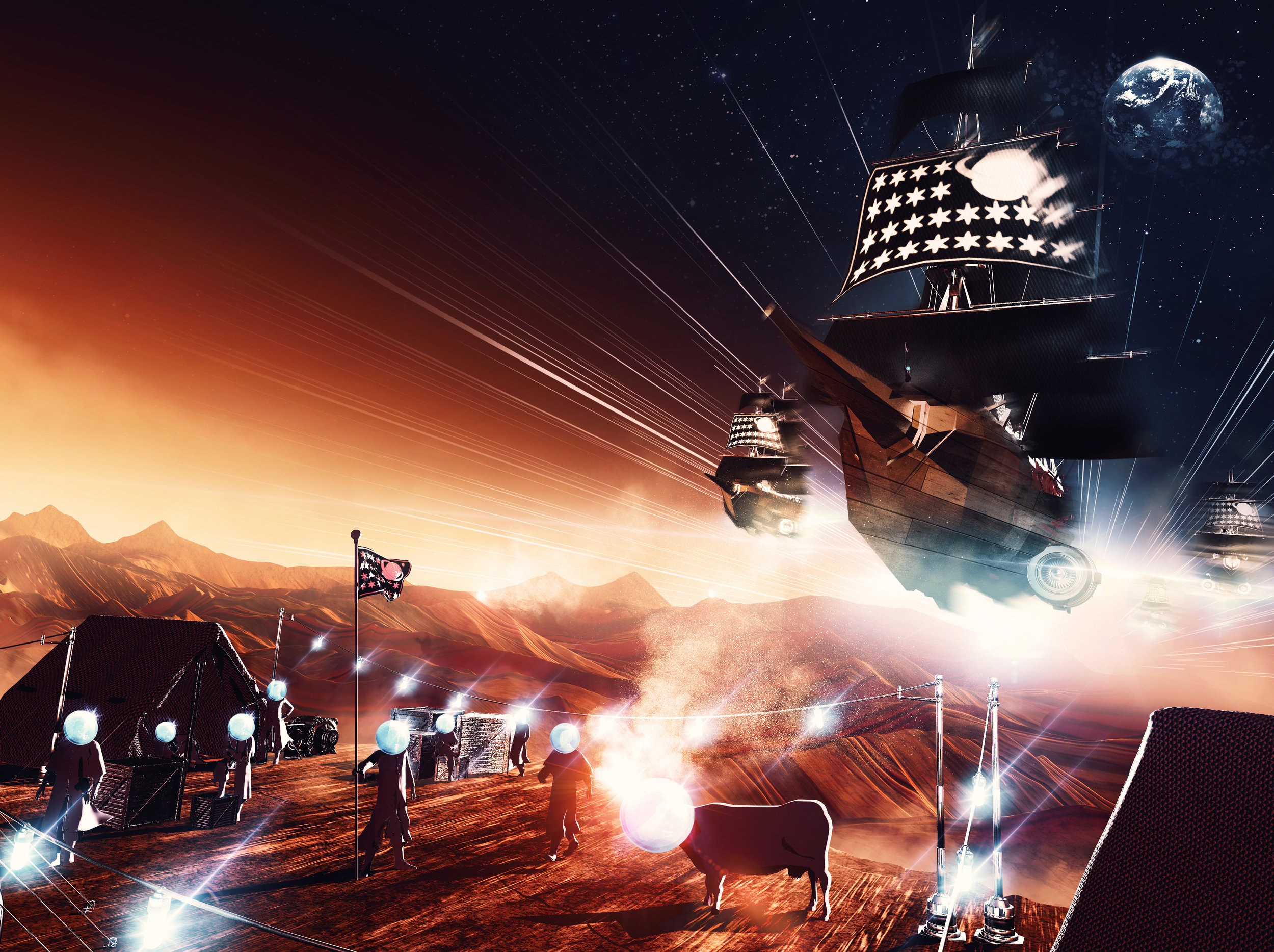 Spaceships over a Mars colony with humans and a cow HD Wallpaper