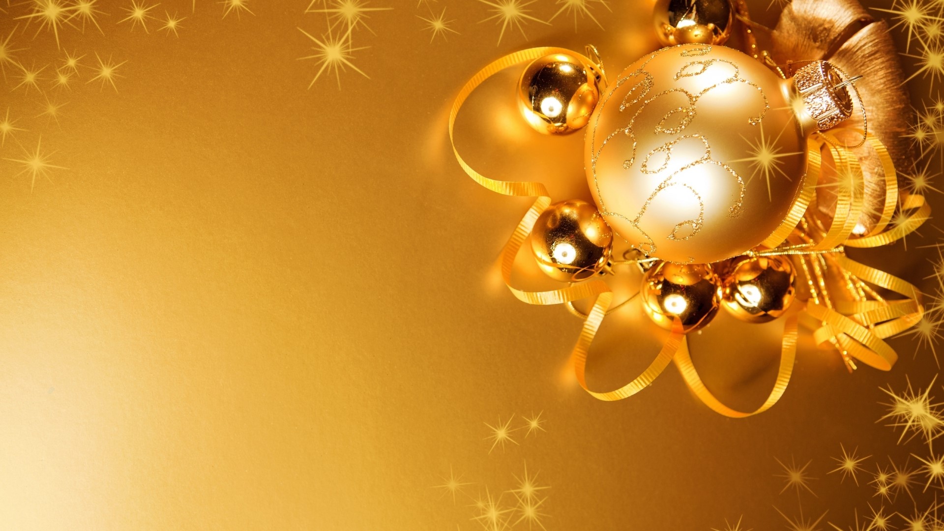 Golden Christmas Ornaments and Ribbons HD Wallpaper