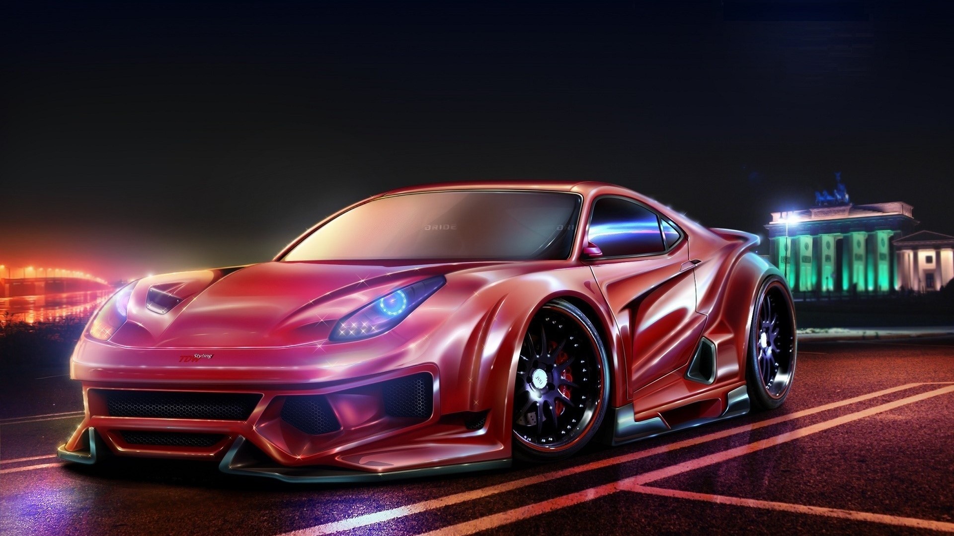 Red sports car in front of Brandenburg Gate at night HD Wallpaper