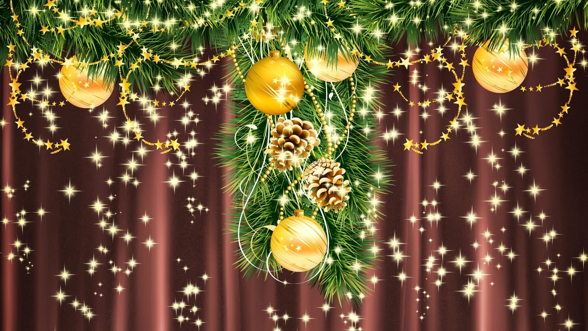 Christmas Tree Decorations with Golden Ornaments and Pinecones HD Wallpaper