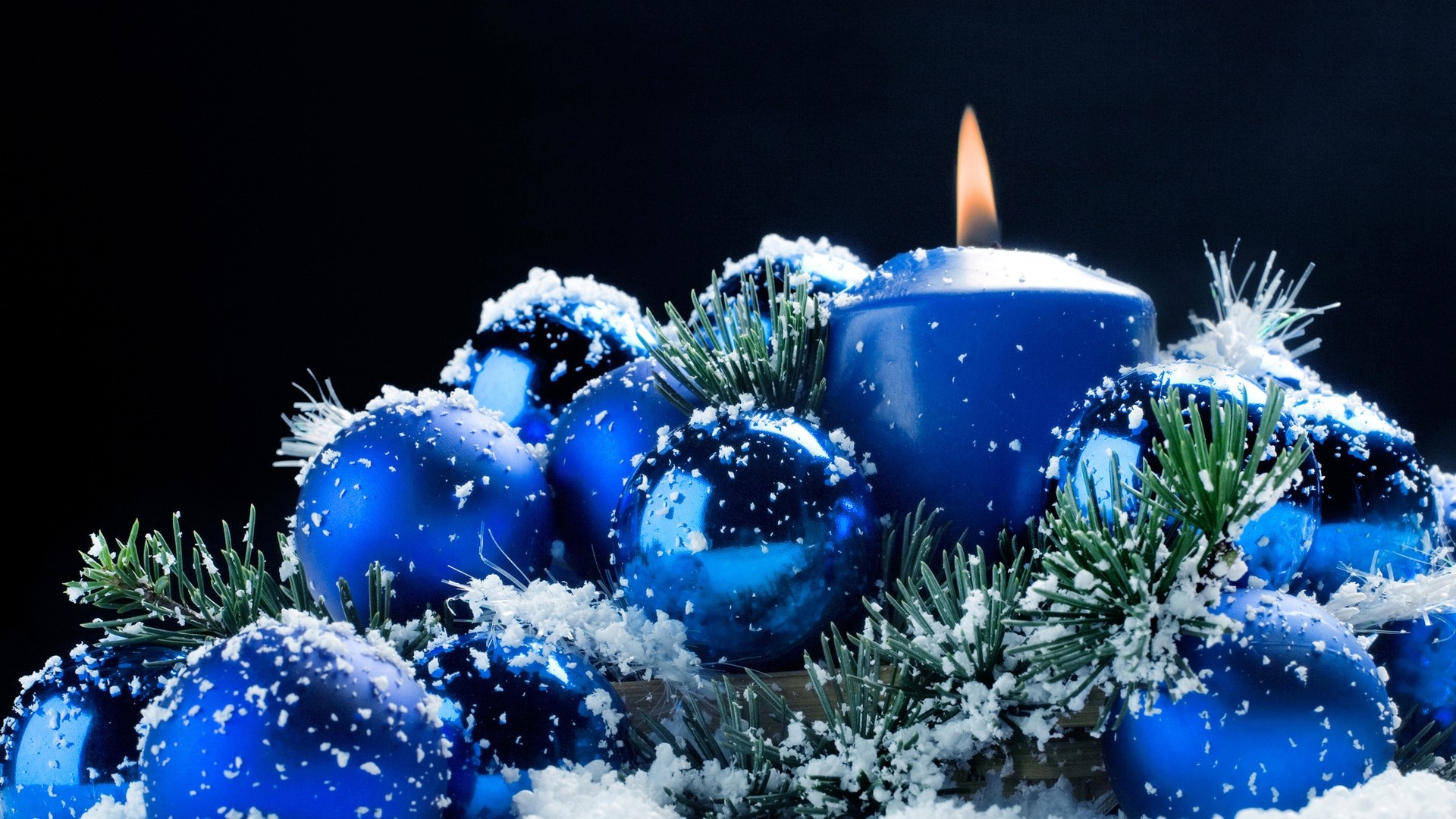 Blue Christmas Ornaments and Candle with Snow HD Wallpaper