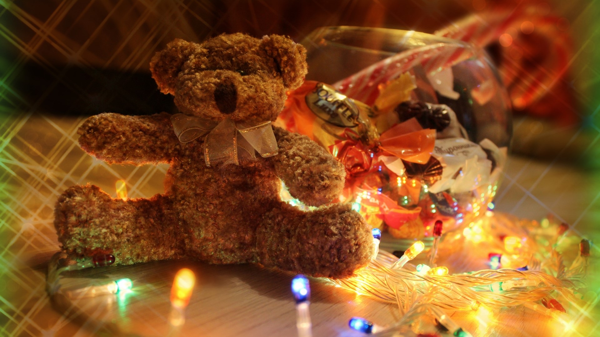 Teddy bear with candies and Christmas lights HD Wallpaper