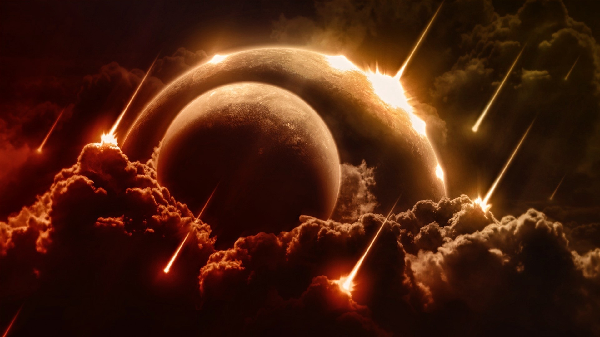 Planets and meteors in clouds HD Wallpaper