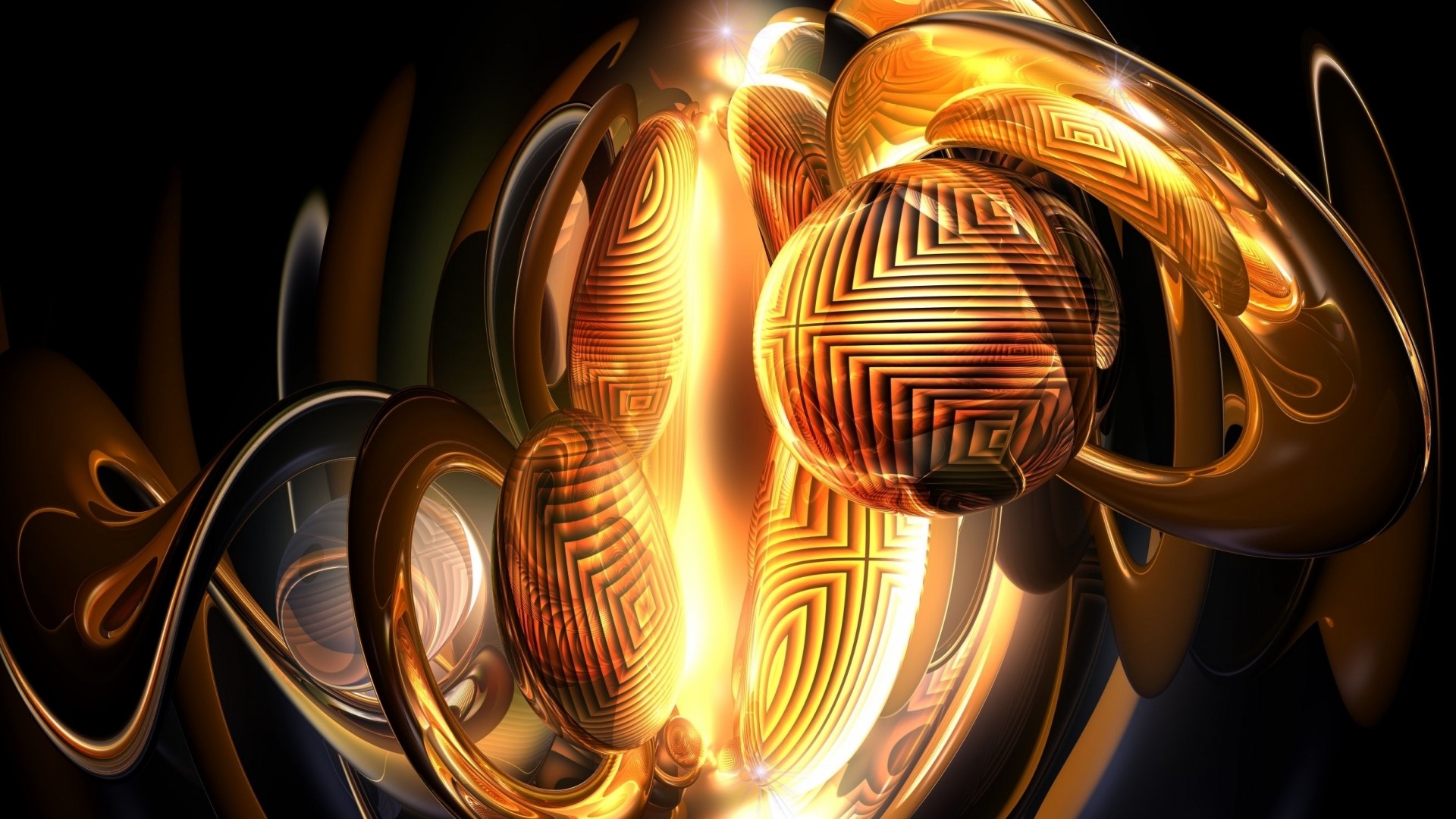 Abstract Golden Spheres and Rings HD Wallpaper