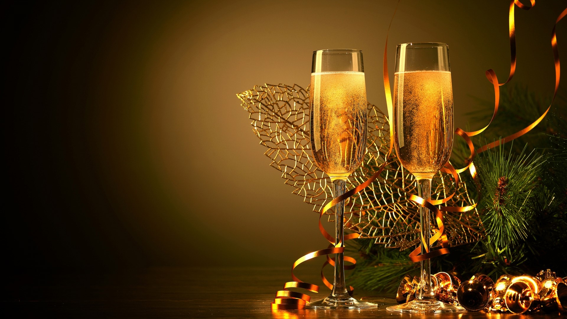 Champagne glasses with festive decorations HD Wallpaper