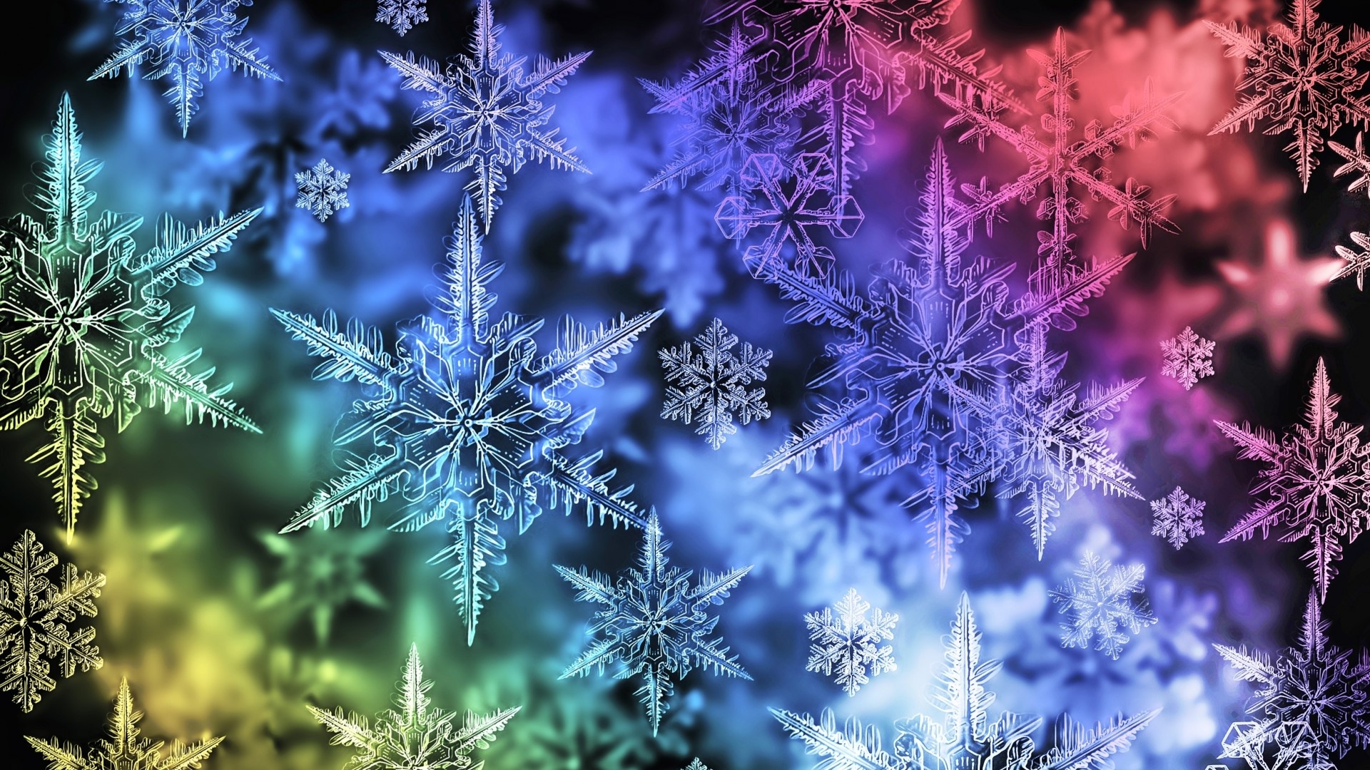 Colorful Snowflakes on a Dark Background HD Wallpaper