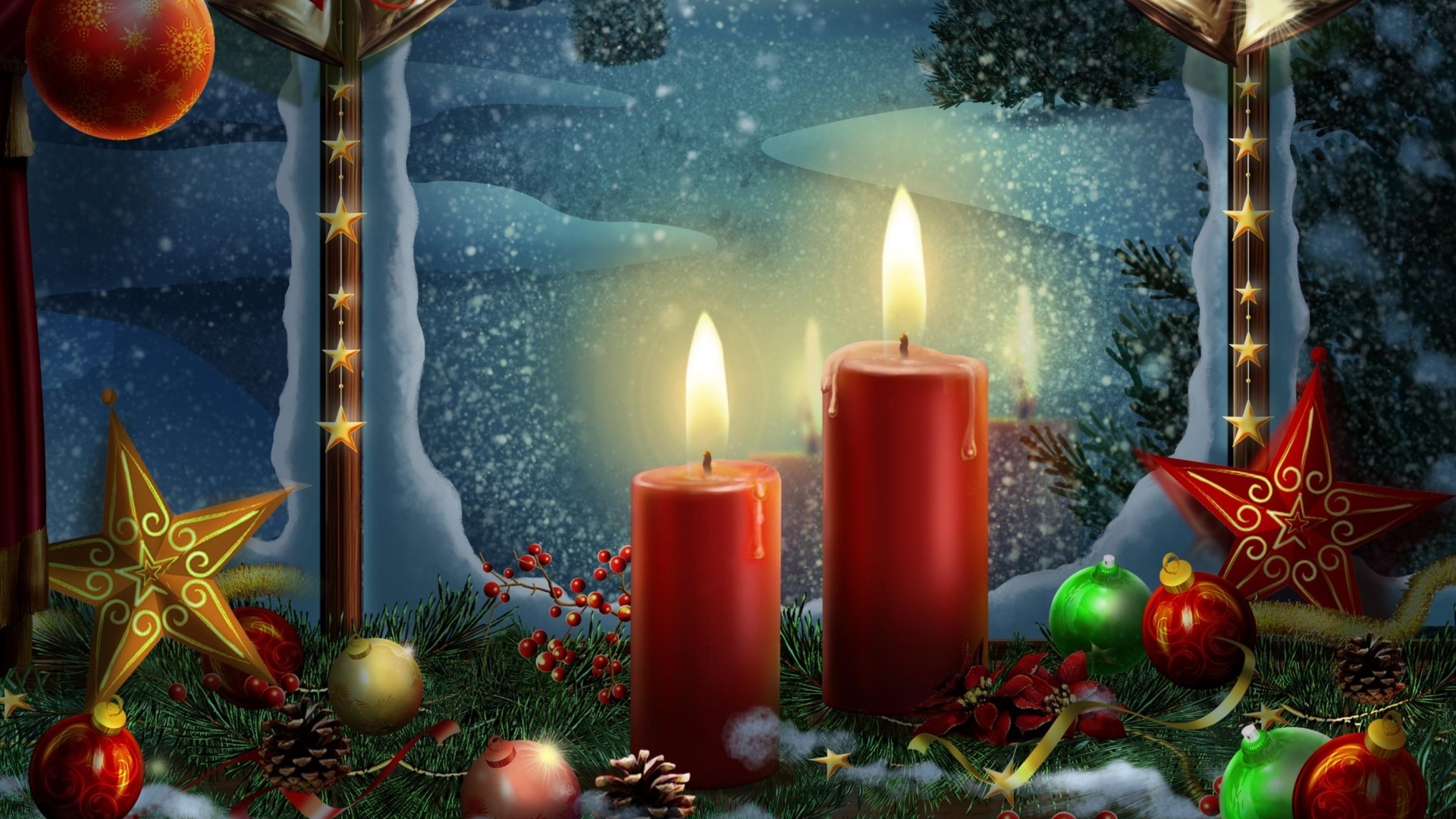 Christmas Candles and Ornaments by Snowy Window HD Wallpaper