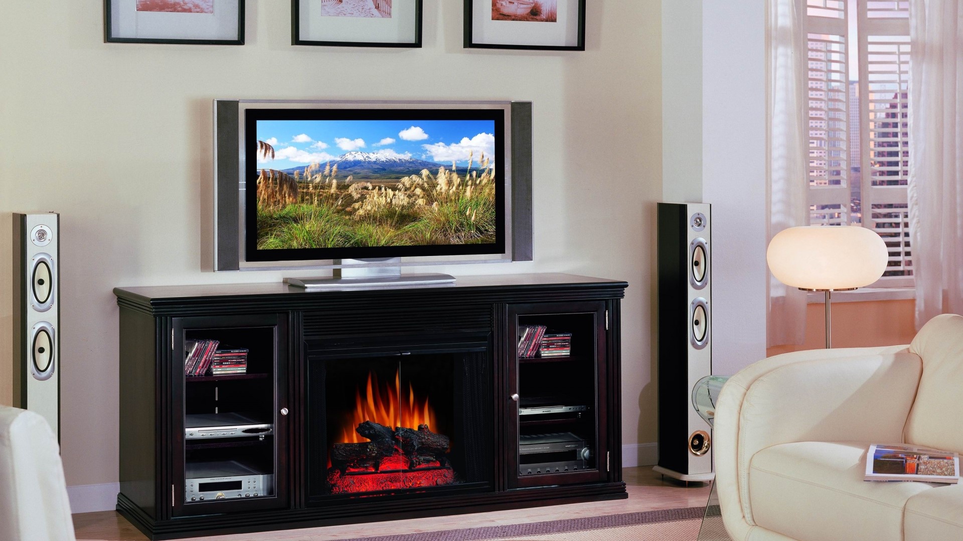 Living room with fireplace and TV HD Wallpaper