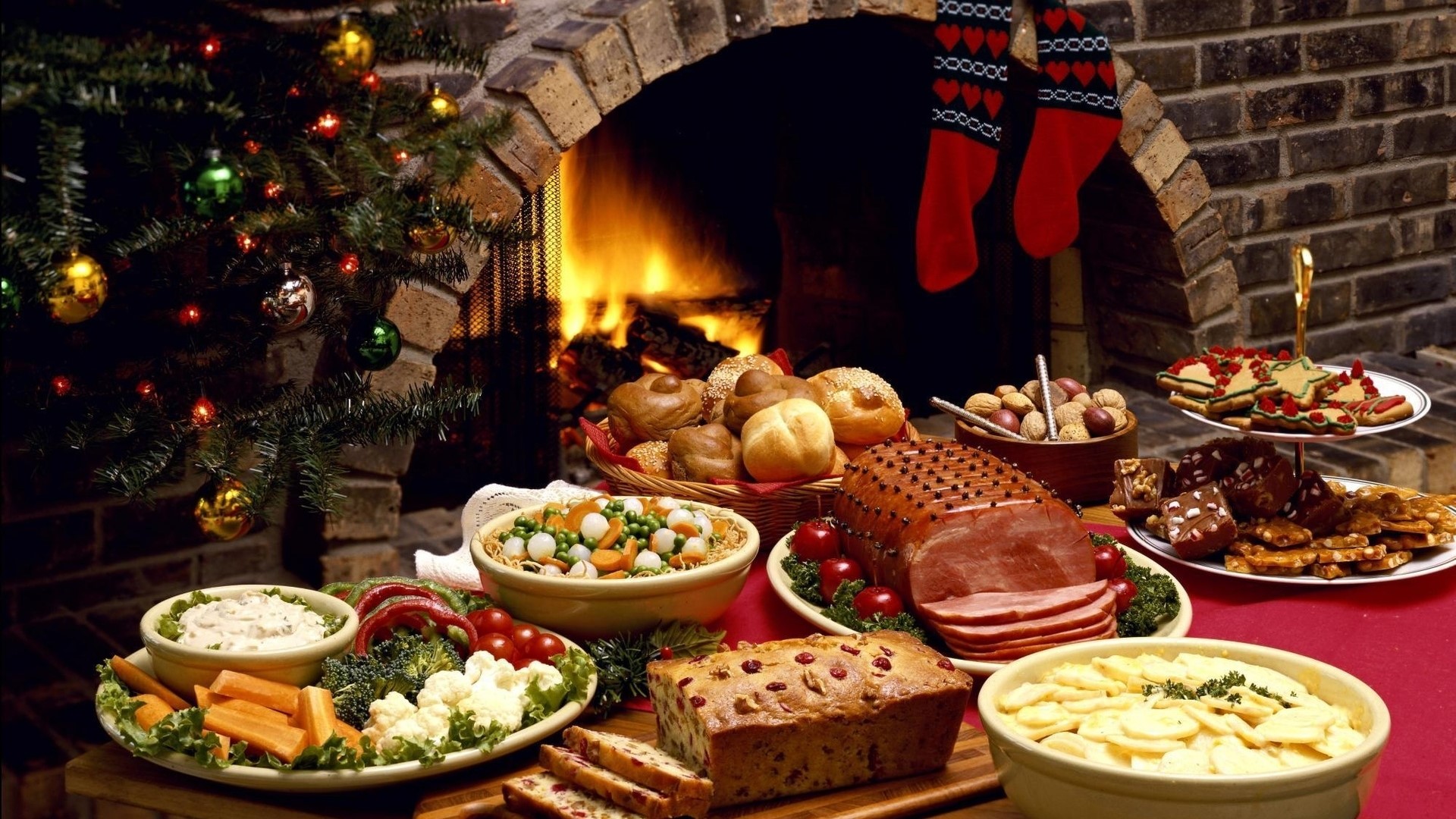 Christmas feast by the fireplace HD Wallpaper