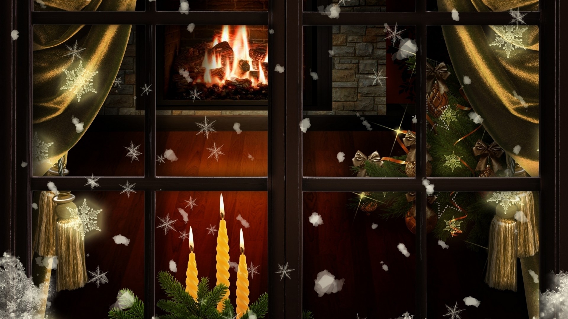 Christmas window with fireplace and tree HD Wallpaper
