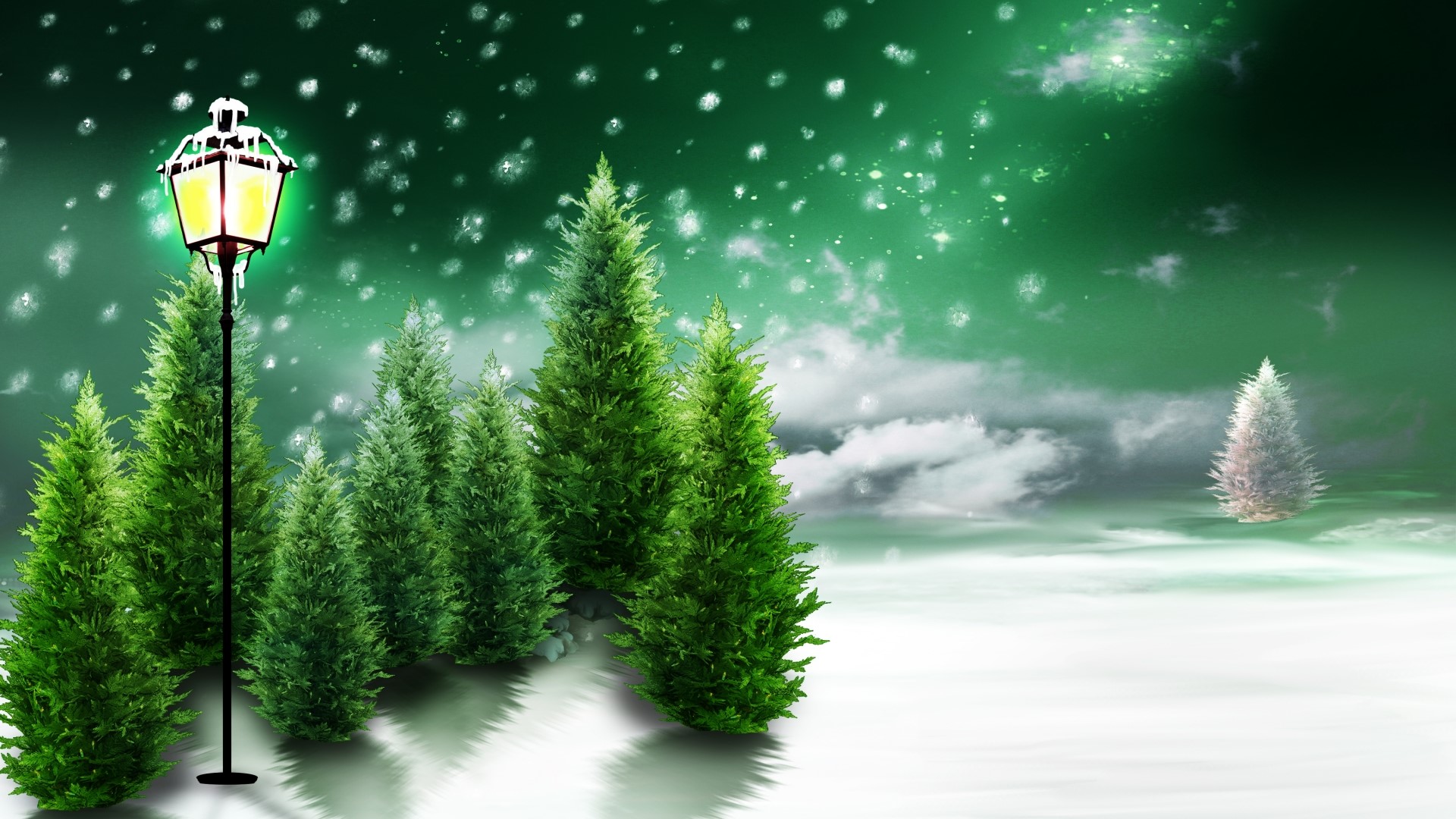 Christmas trees and lantern with snow HD Wallpaper