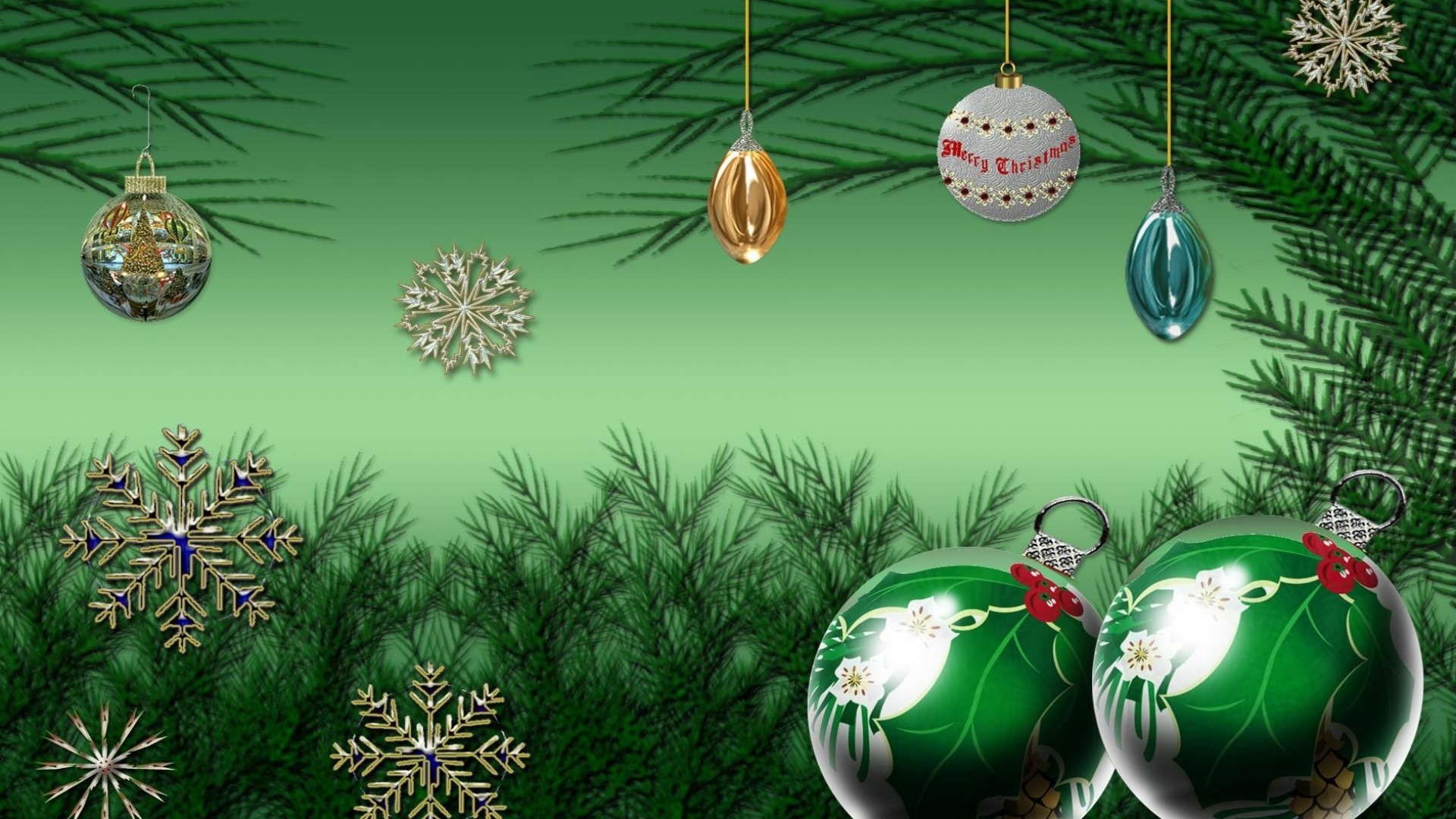 Christmas Ornaments and Snowflakes on Pine Branches HD Wallpaper
