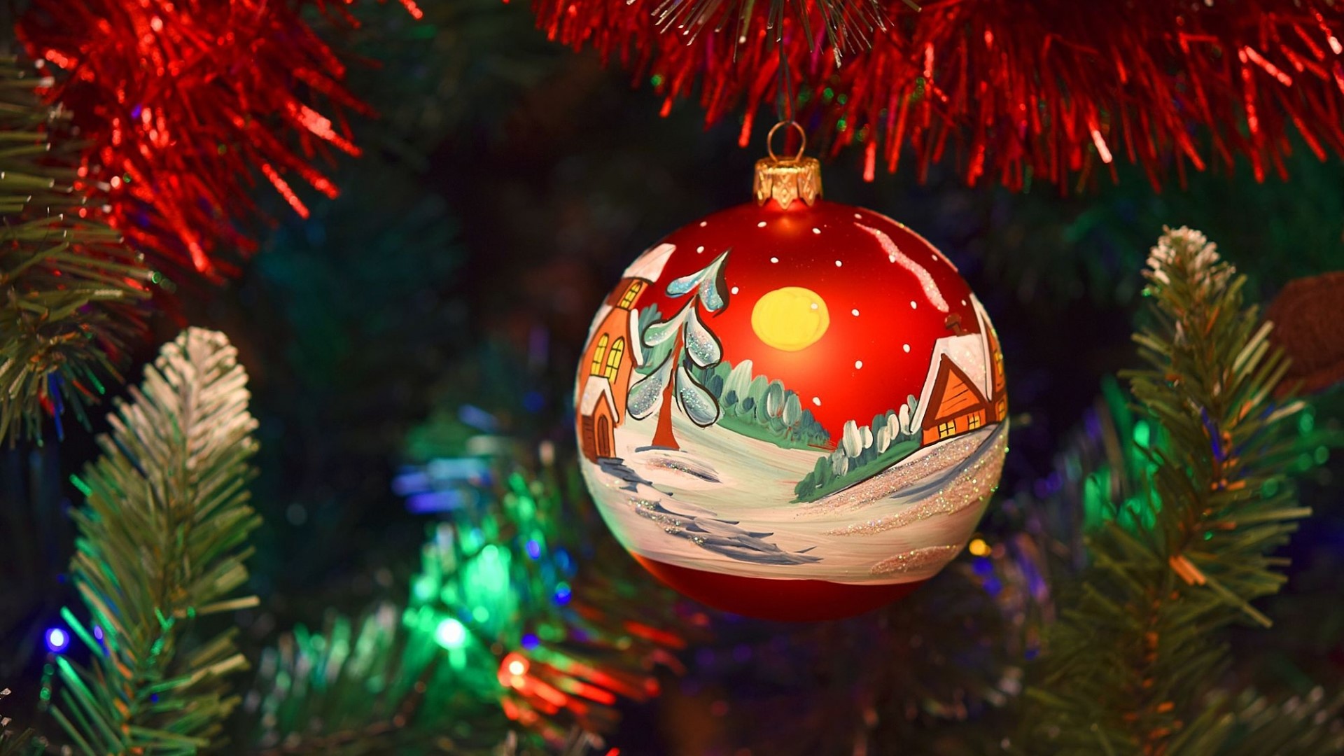 Christmas ornament with winter village scene HD Wallpaper