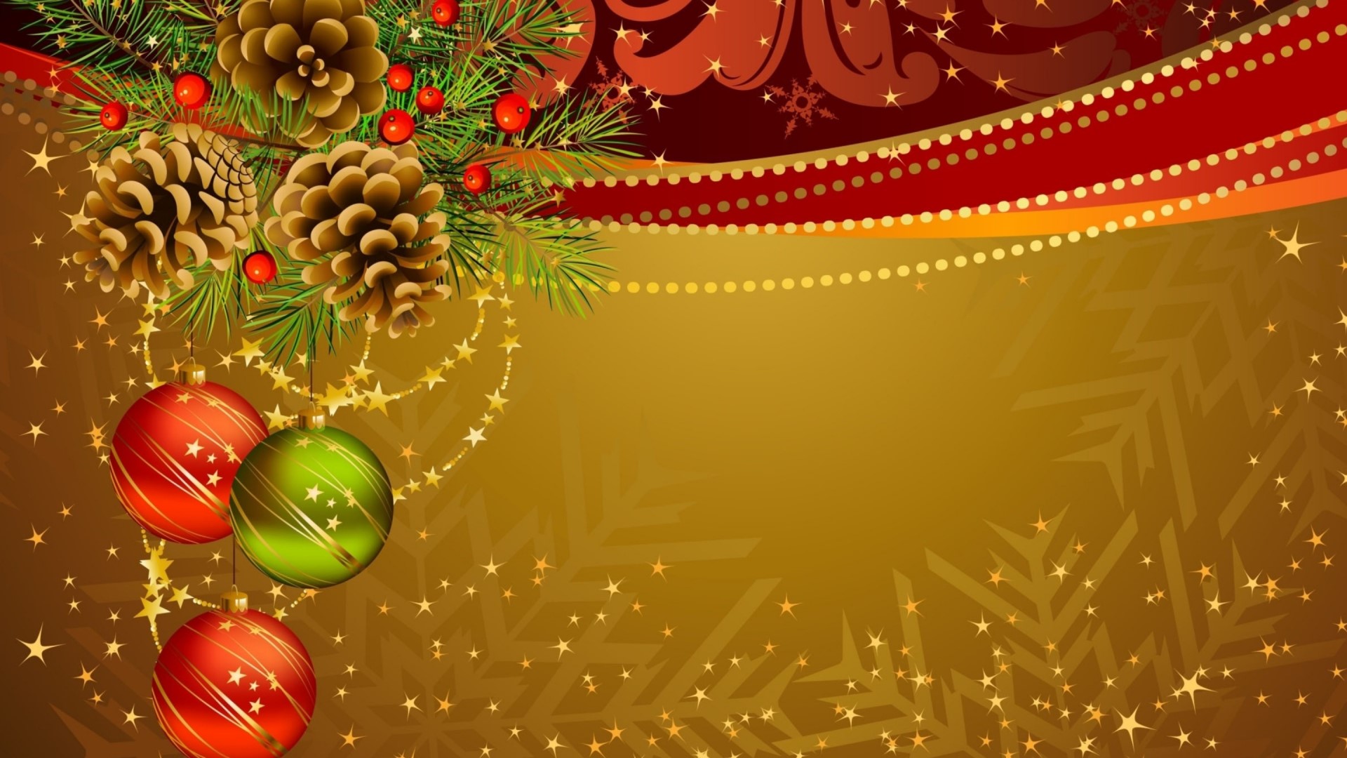 Christmas Ornaments and Pine Cones on Gold Background HD Wallpaper