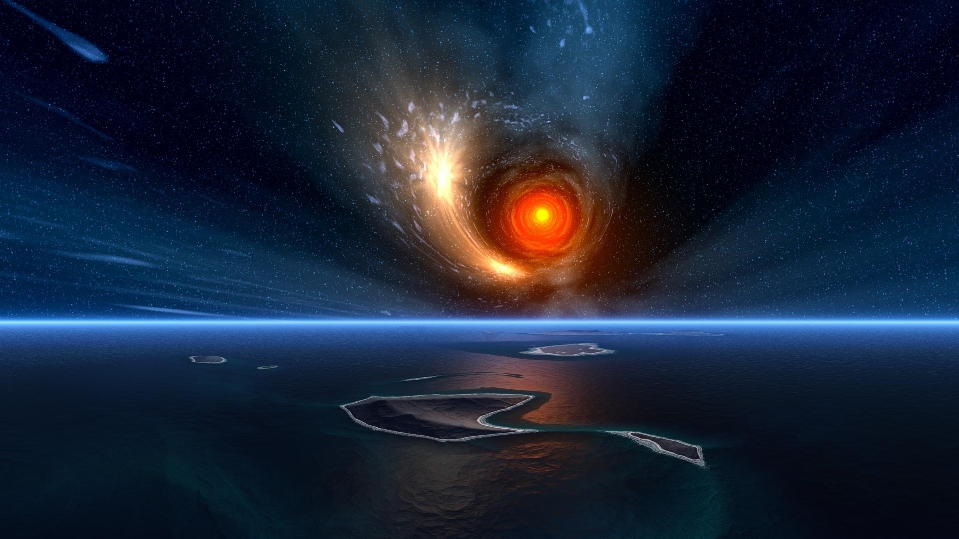 Cosmic vortex over islands on the sea HD Wallpaper