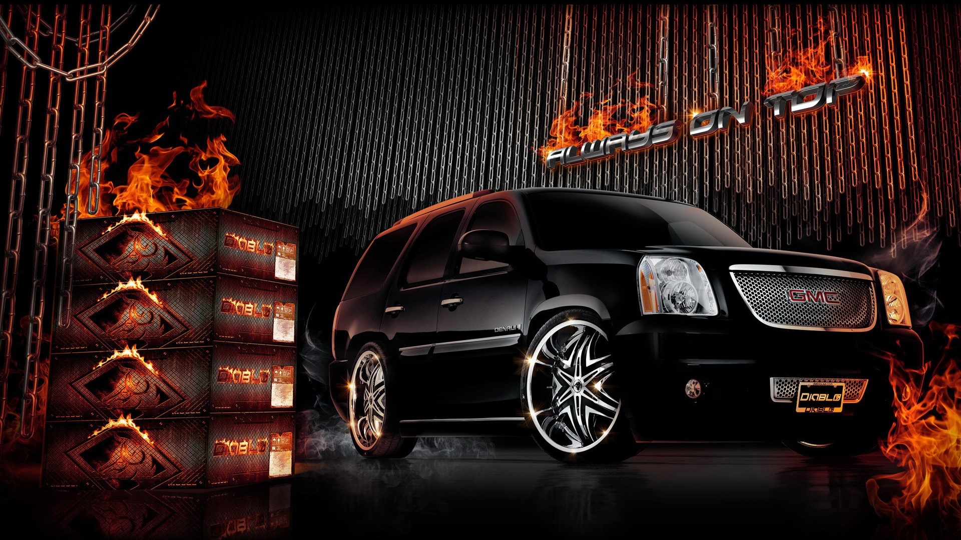 Black GMC Yukon Denali with flames HD Wallpaper