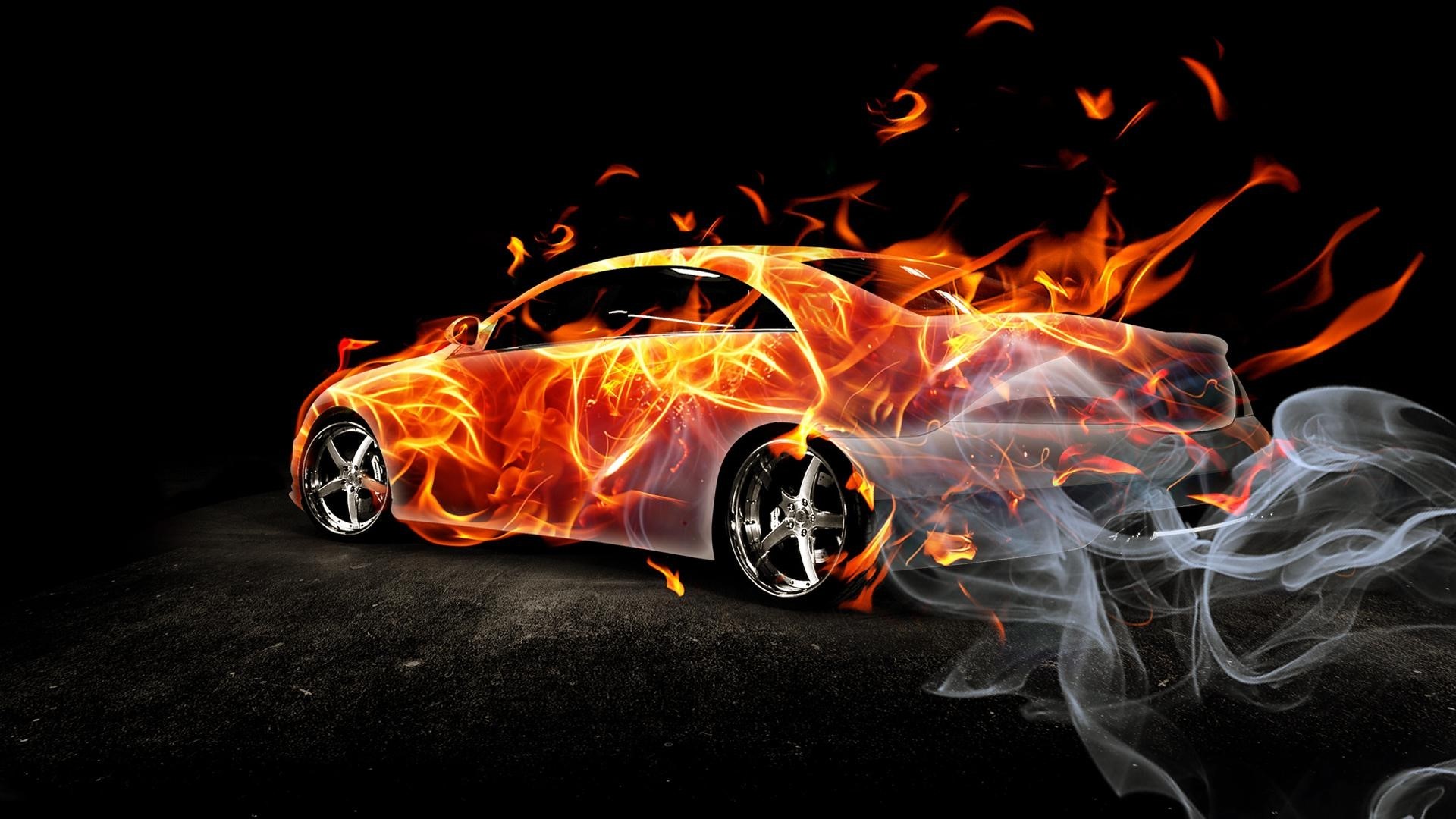 Burning Mercedes car with smoke HD Wallpaper