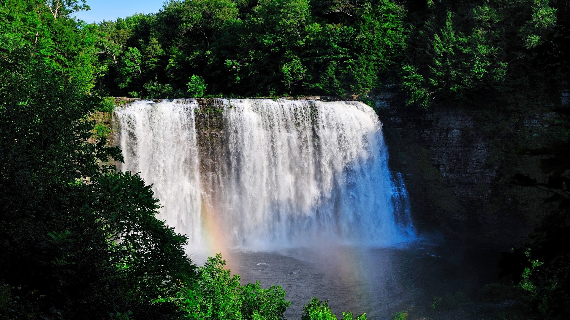 Waterfall with Rainbow and Forest HD Wallpaper