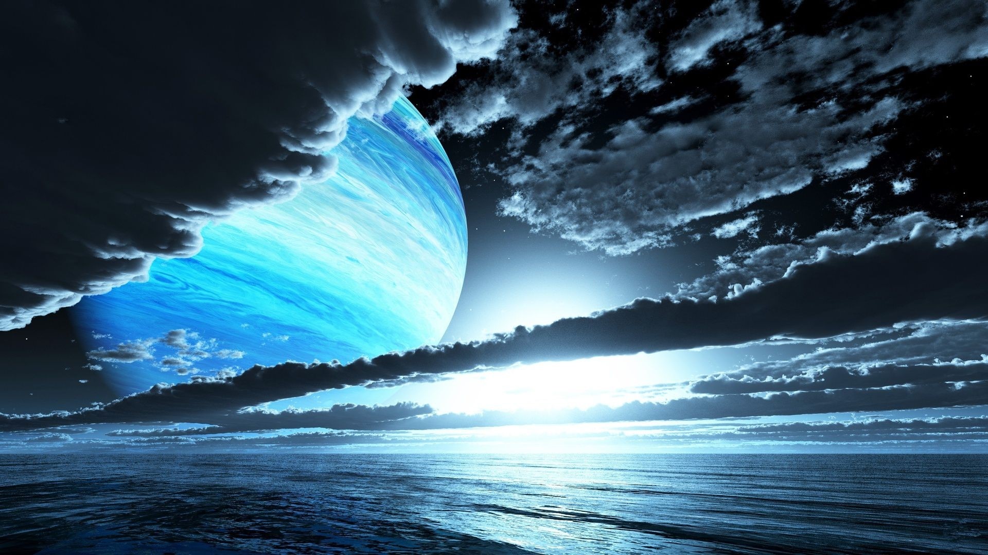 Blue Planet over Ocean with Clouds HD Wallpaper