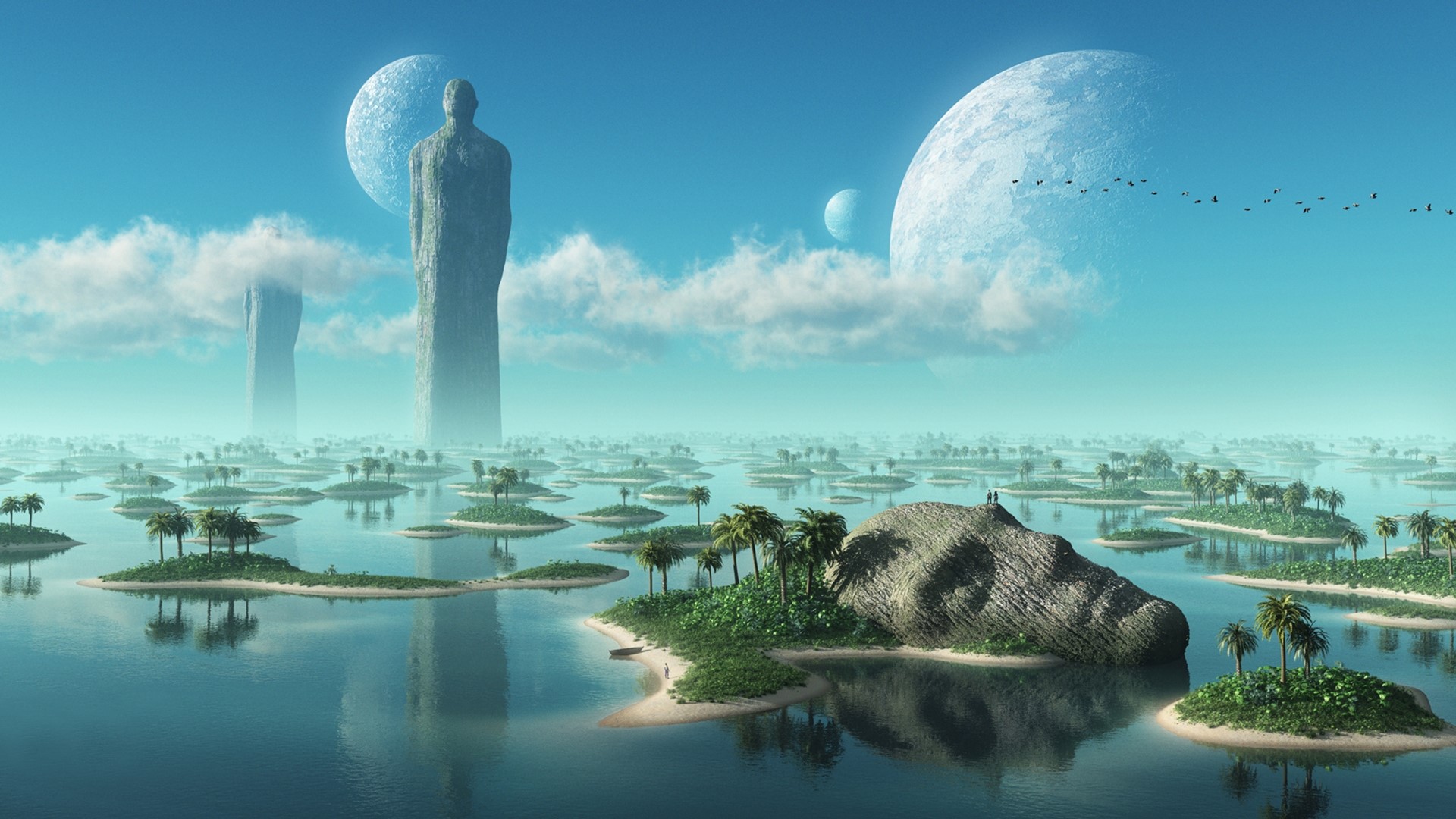 Giant statues on islands with moons in the sky HD Wallpaper