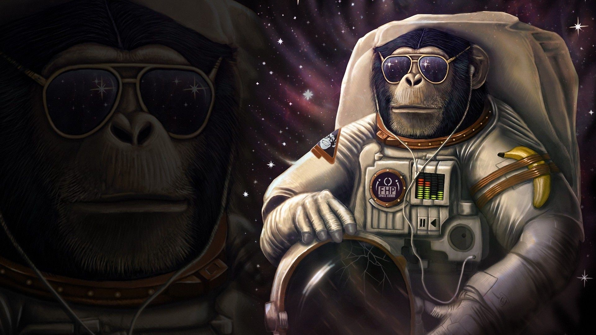 Monkey astronaut in space with sunglasses HD Wallpaper