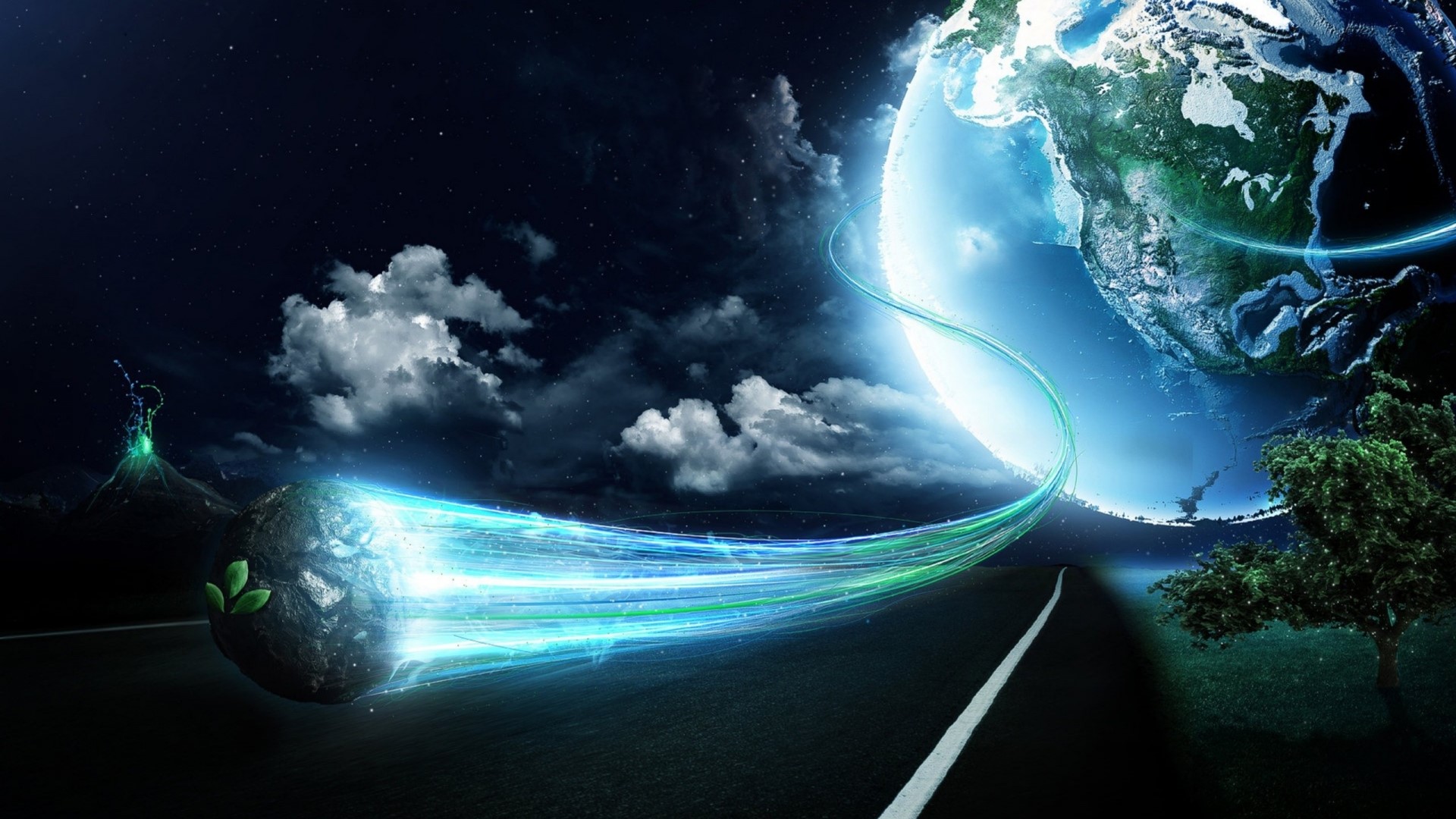 Earth and a road with light trails HD Wallpaper