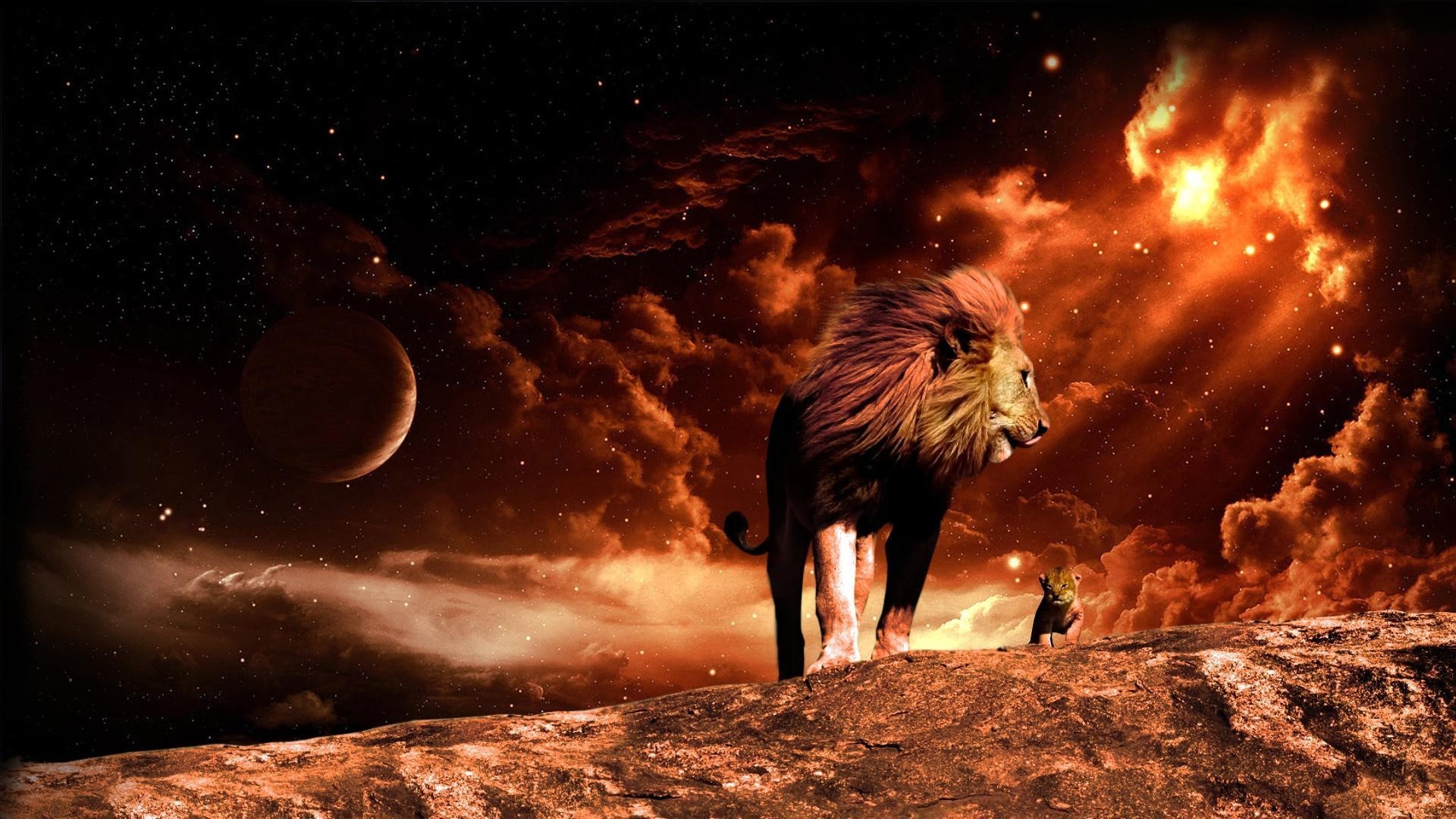 Lion and cub on a rocky planet with nebula HD Wallpaper