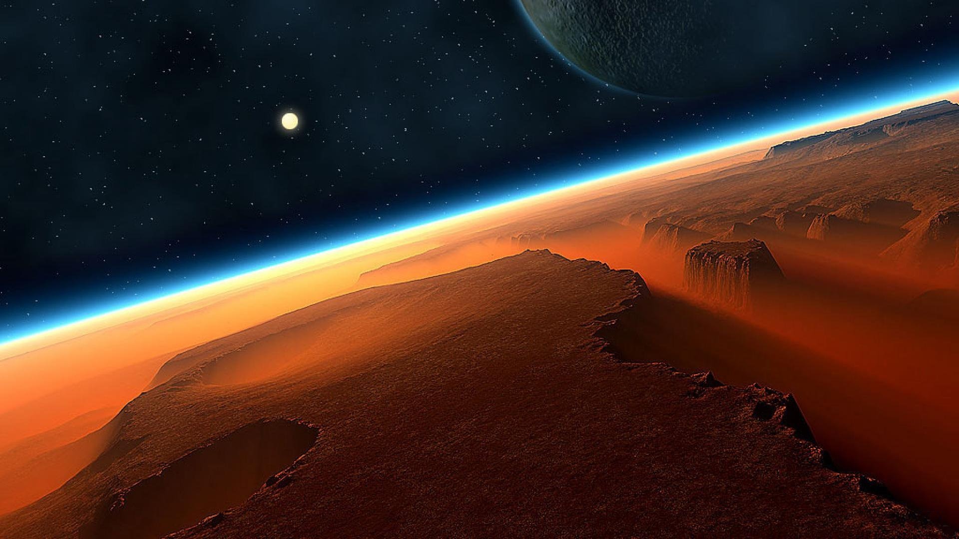 Alien planet landscape with a moon and stars HD Wallpaper