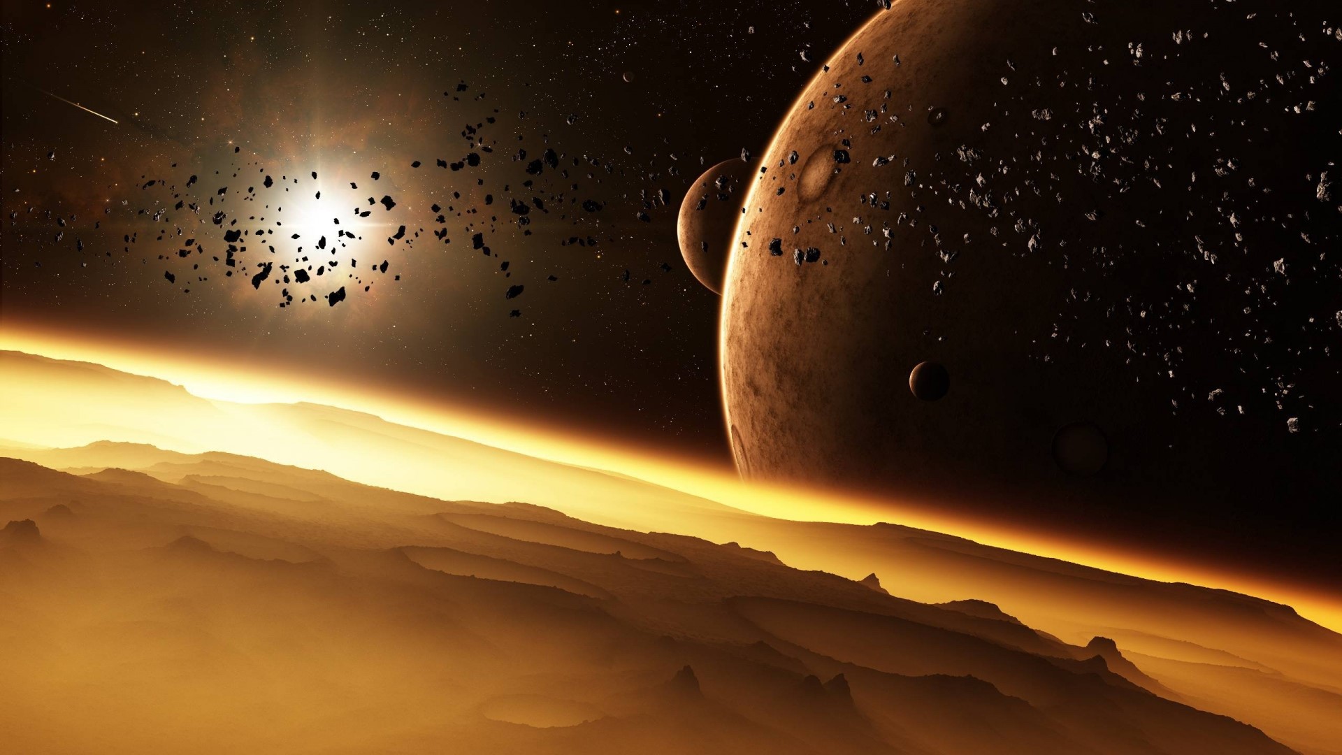 Space scene with planets and asteroids HD Wallpaper