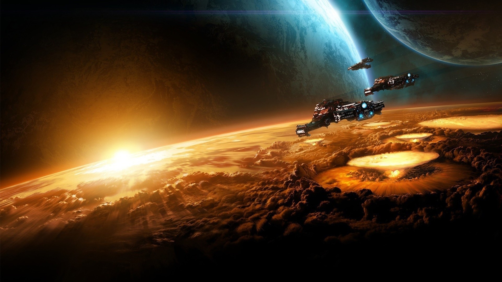 Spaceships over a planet with explosions HD Wallpaper