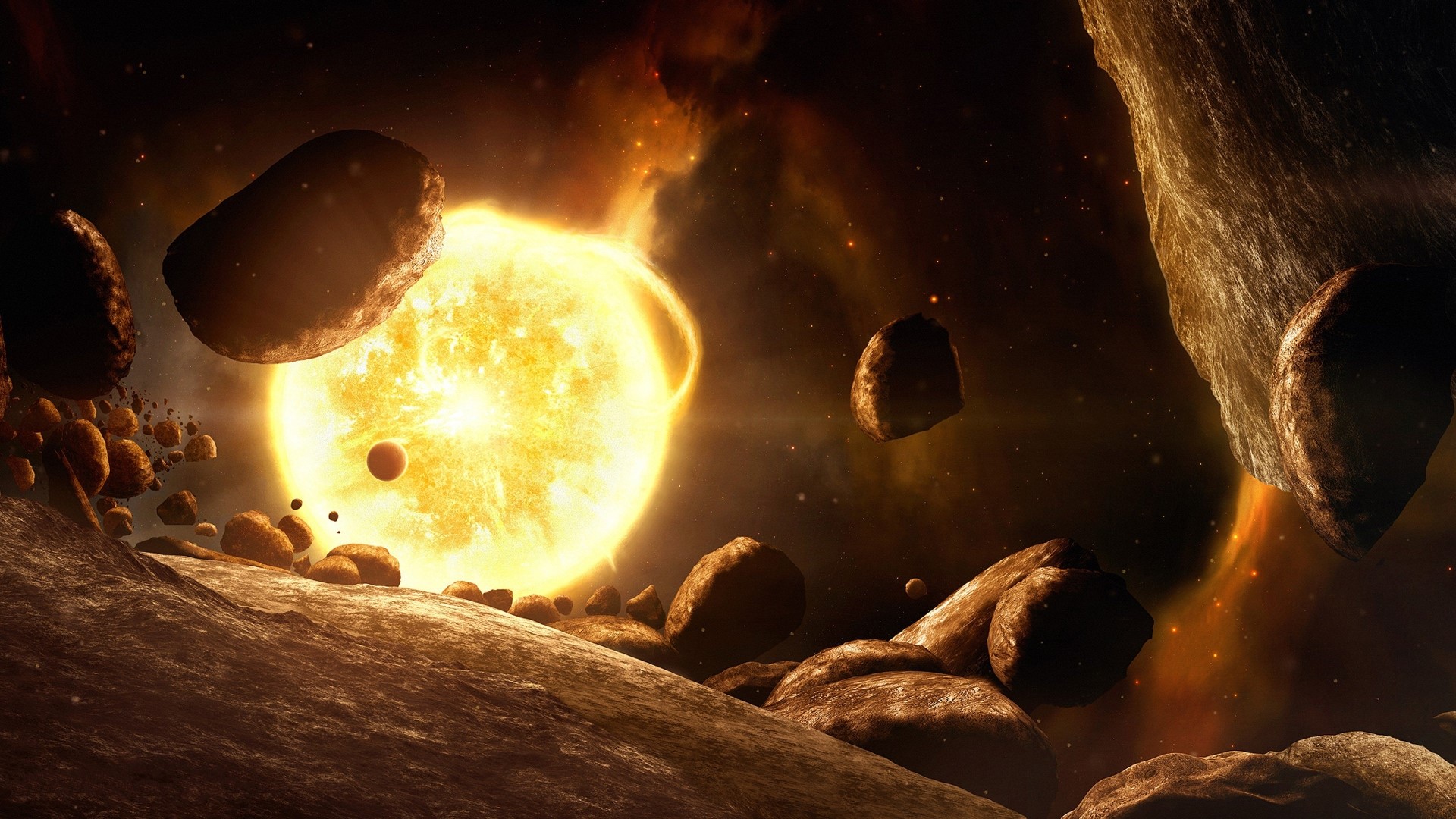 Sun and asteroids in space HD Wallpaper