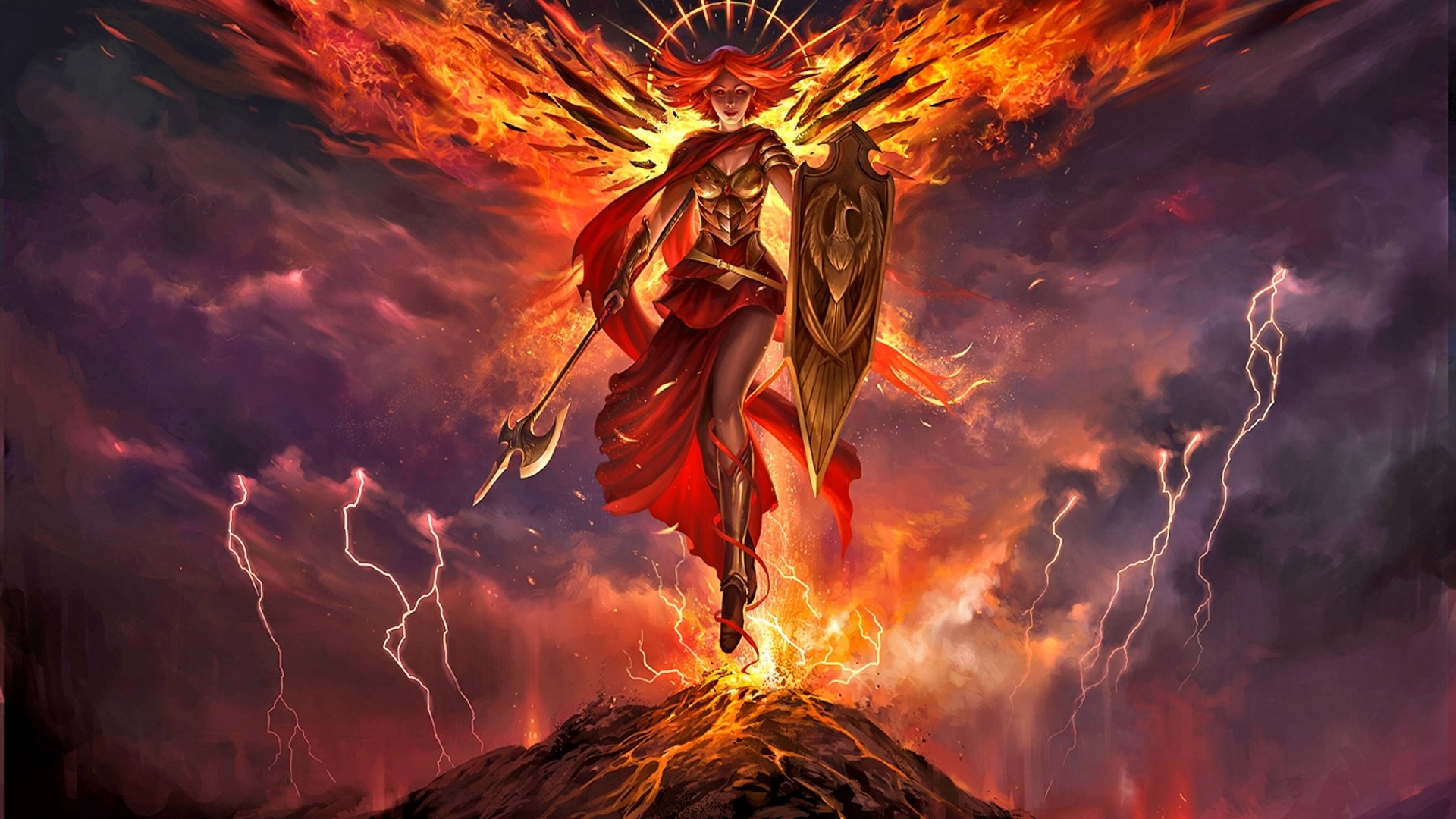 Fiery winged warrior with shield and spear HD Wallpaper