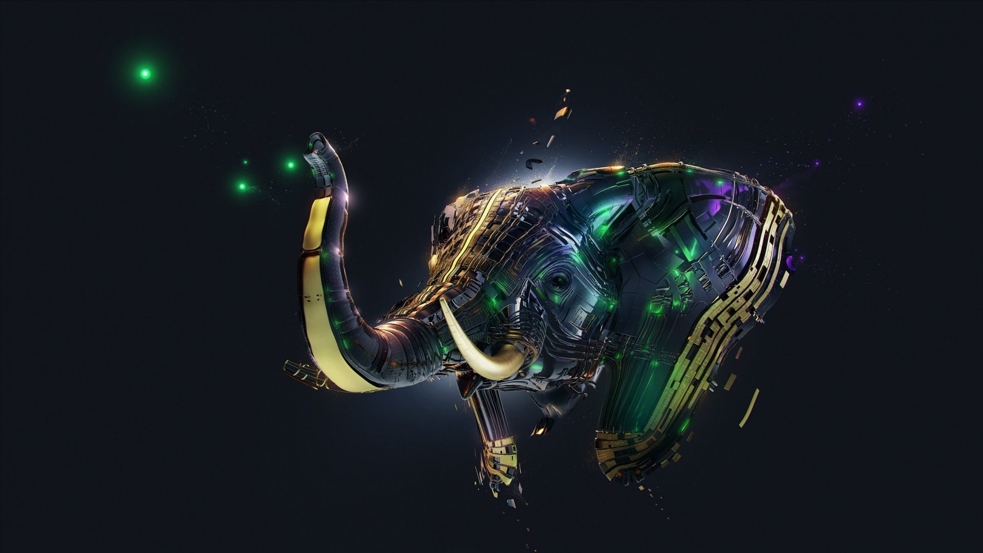 Mechanical Elephant with Green and Gold Accents HD Wallpaper