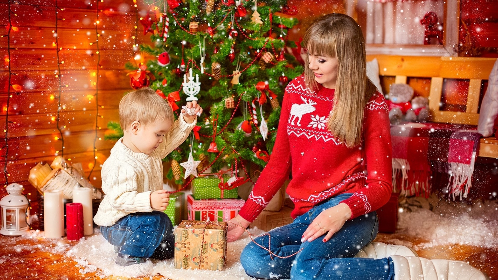 Mother and child by Christmas tree HD Wallpaper