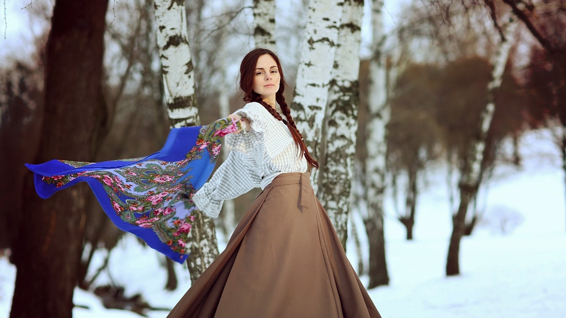 Girl with braided hair in a winter forest HD Wallpaper