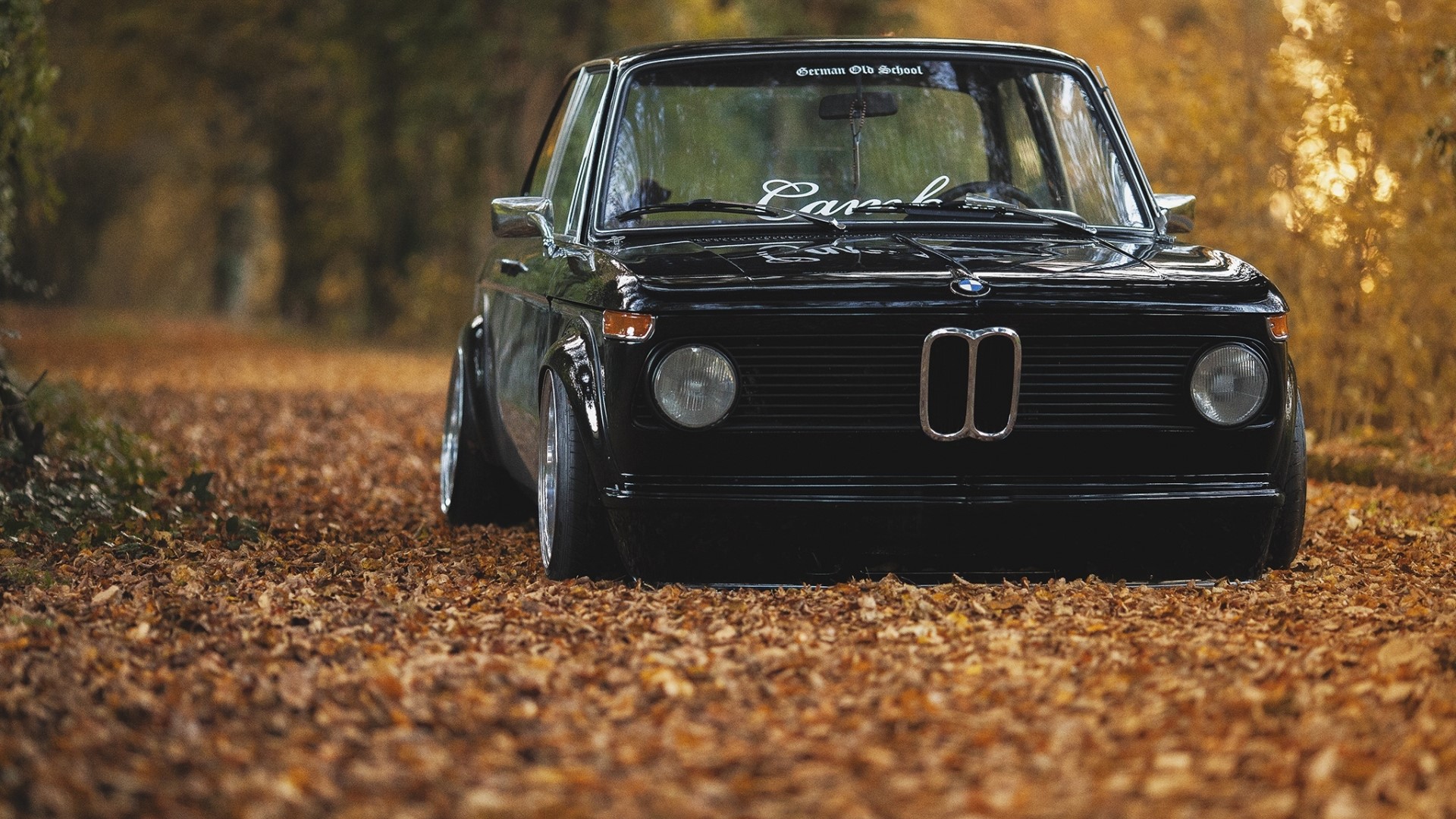 Black BMW 2002 parked on a leaf-covered road HD Wallpaper