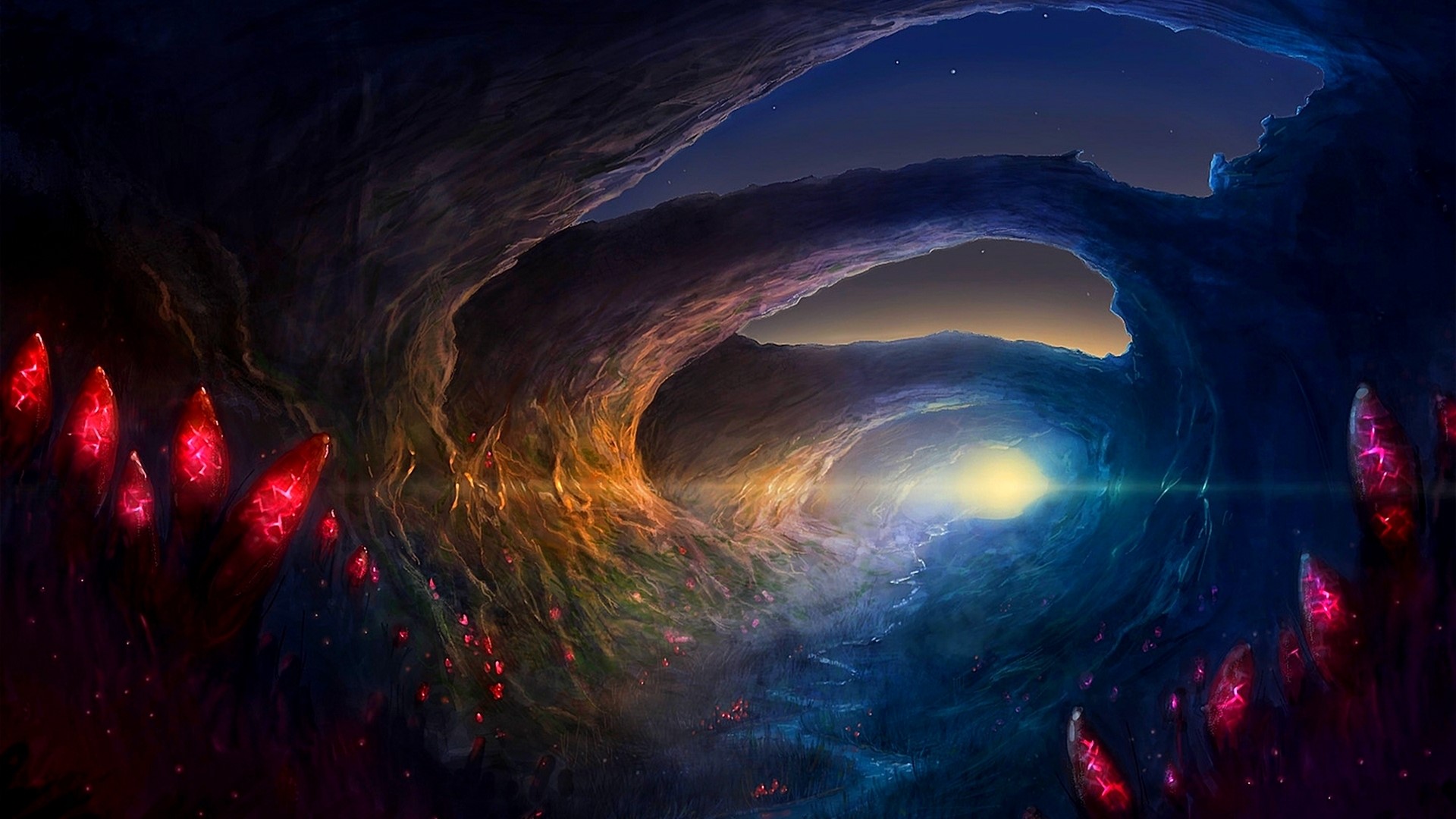 Cave with glowing crystals and archways HD Wallpaper
