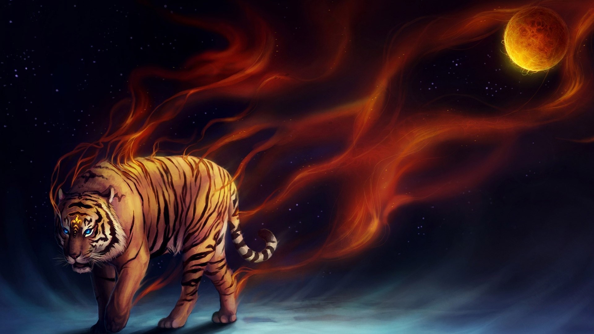 Tiger with fiery mane in space HD Wallpaper
