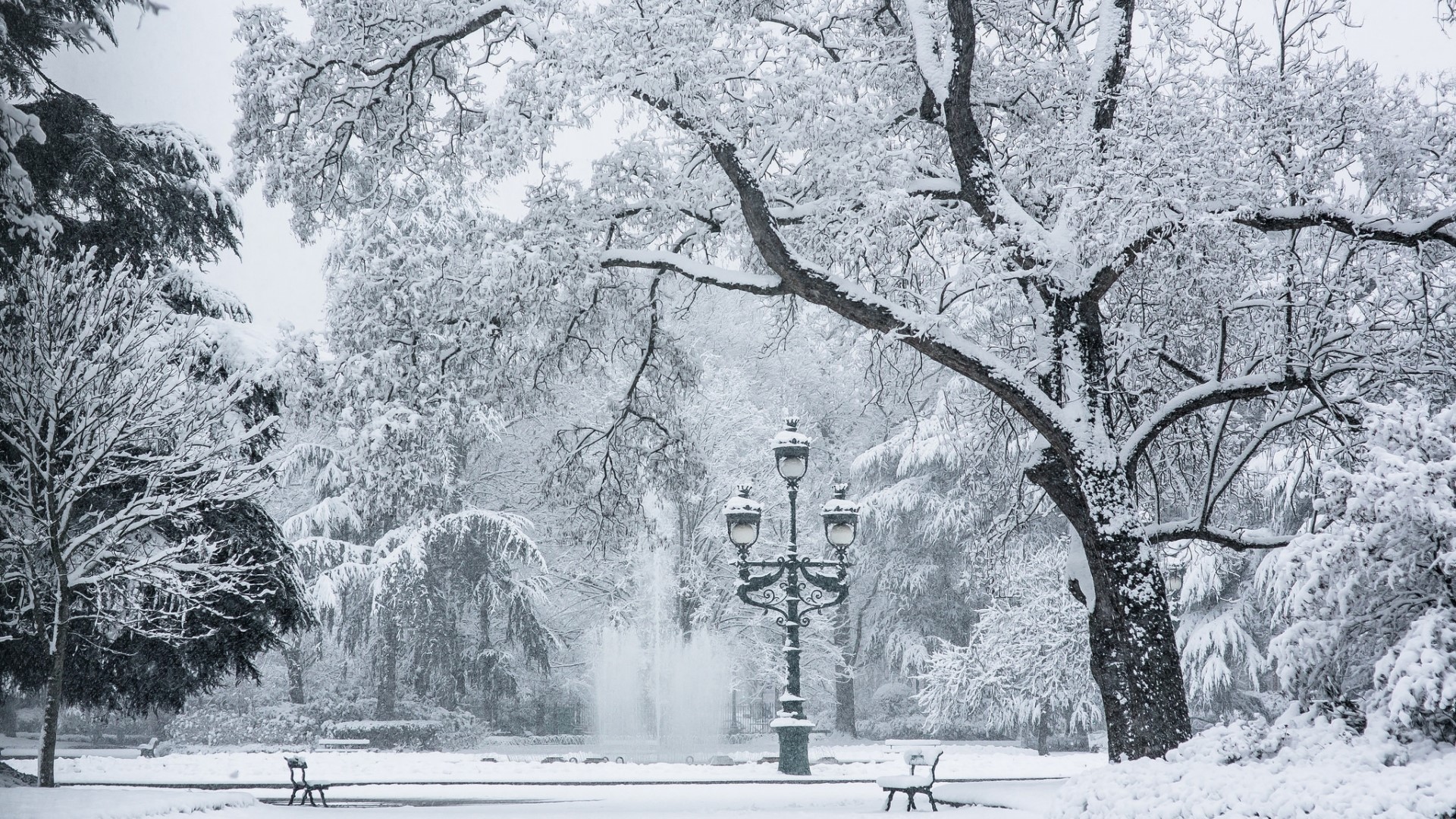 Snowy park with fountain and lamppost HD Wallpaper