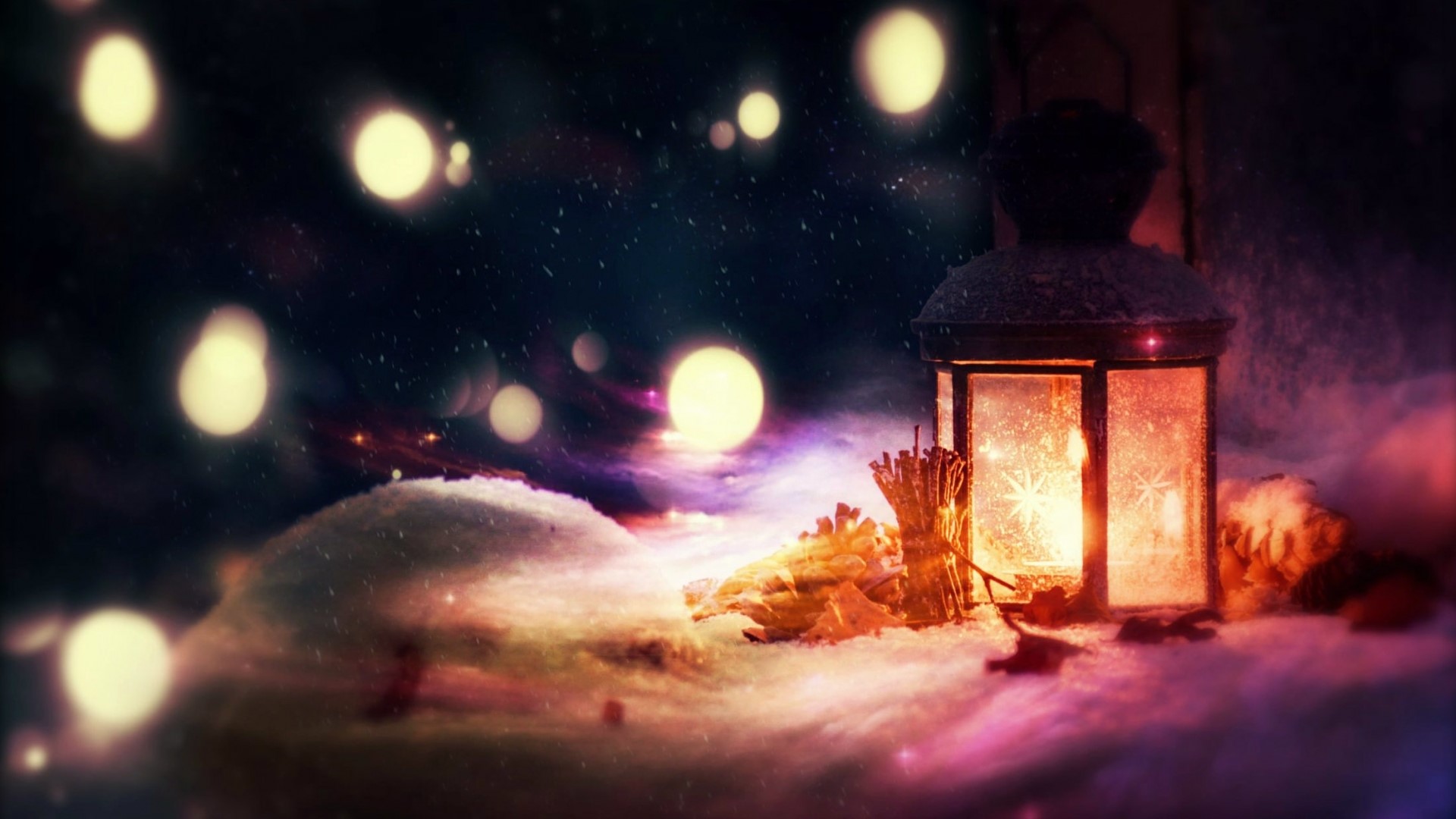Lantern in the snow with bokeh lights HD Wallpaper