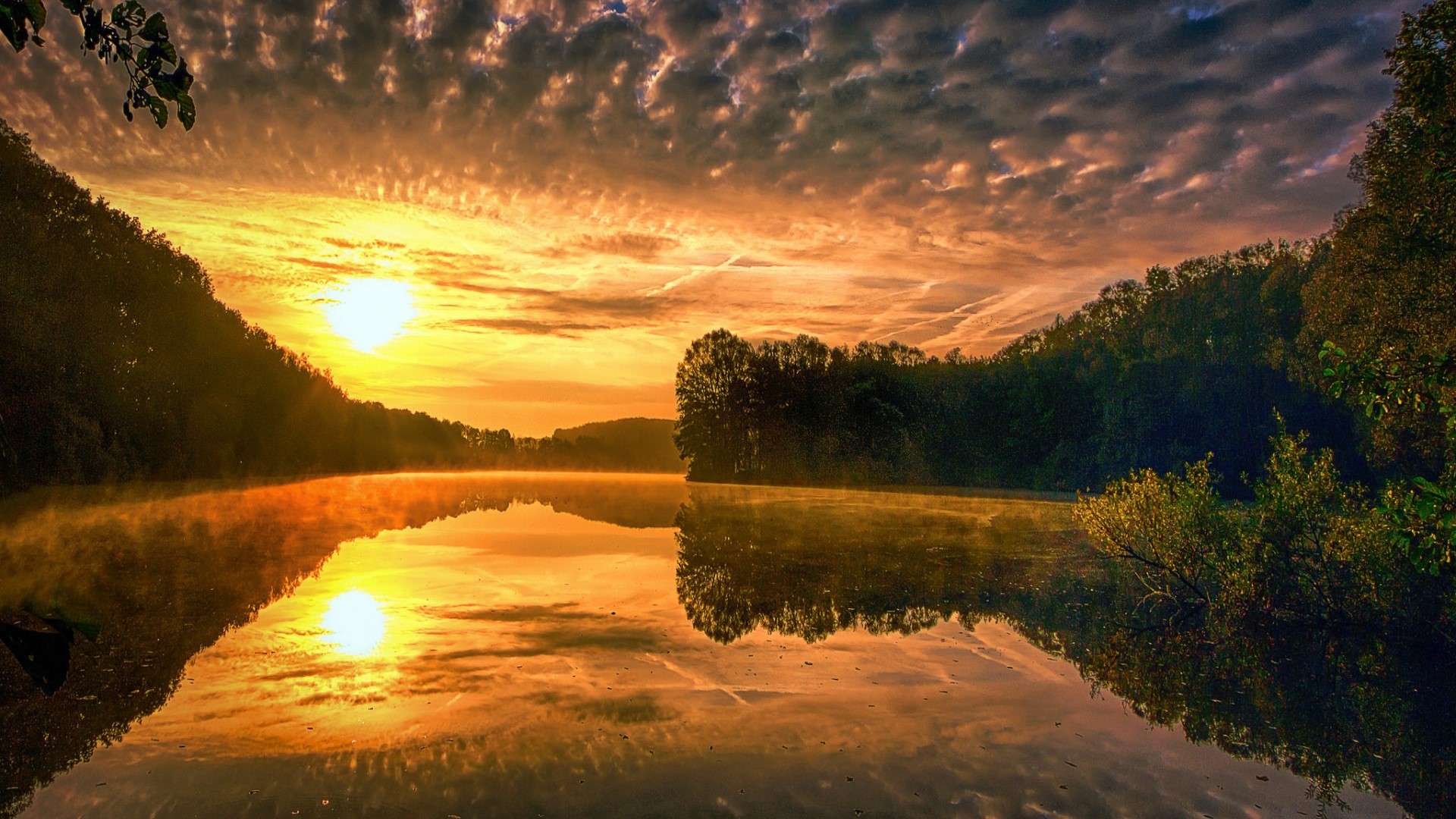 Sunset over a misty lake with forest reflection HD Wallpaper